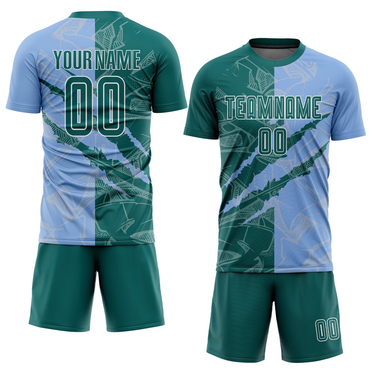 Custom Graffiti Pattern Teal-Light Blue Scratch Sublimation Soccer Uniform Jersey Limited