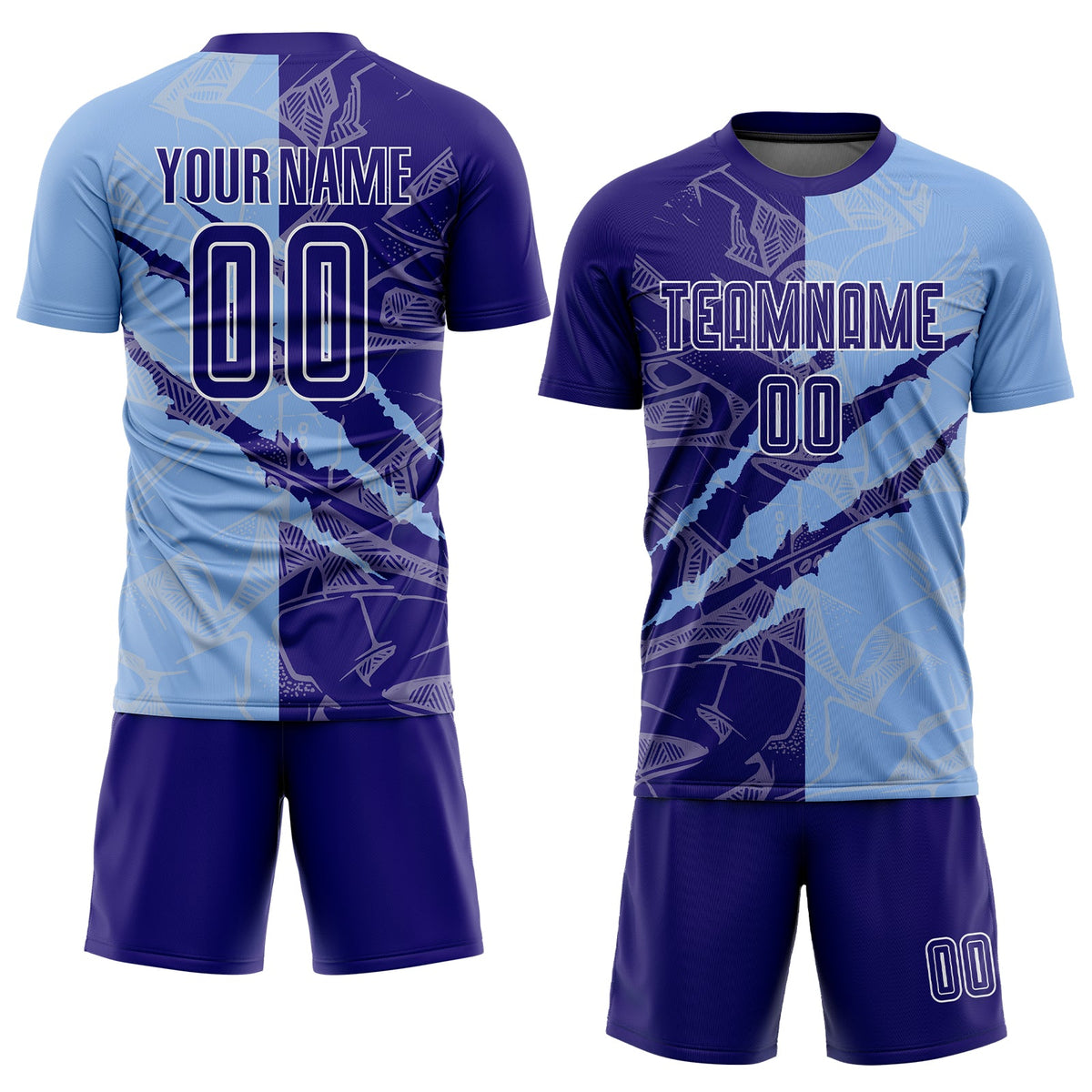 Custom Graffiti Pattern Dark Purple-Light Blue Scratch Sublimation Soccer Uniform Jersey Limited