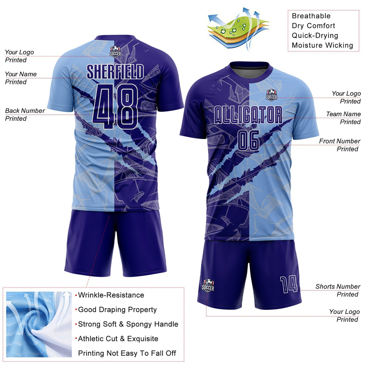 Custom Graffiti Pattern Dark Purple-Light Blue Scratch Sublimation Soccer Uniform Jersey Limited