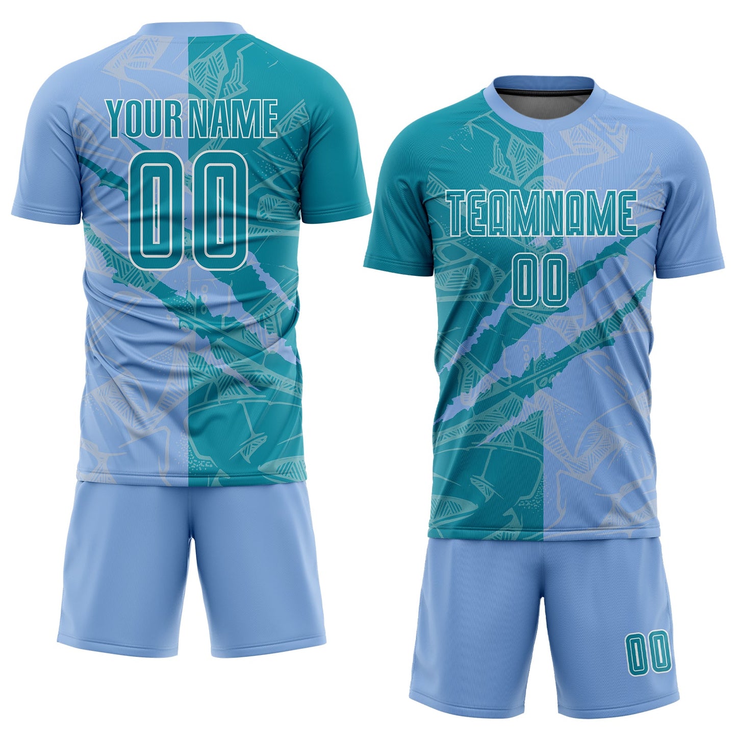 Custom Graffiti Pattern Teal-Light Blue Scratch Sublimation Soccer Uniform Jersey Limited