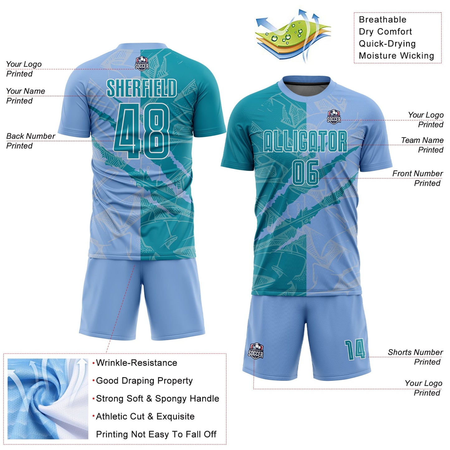 Custom Graffiti Pattern Teal-Light Blue Scratch Sublimation Soccer Uniform Jersey Limited