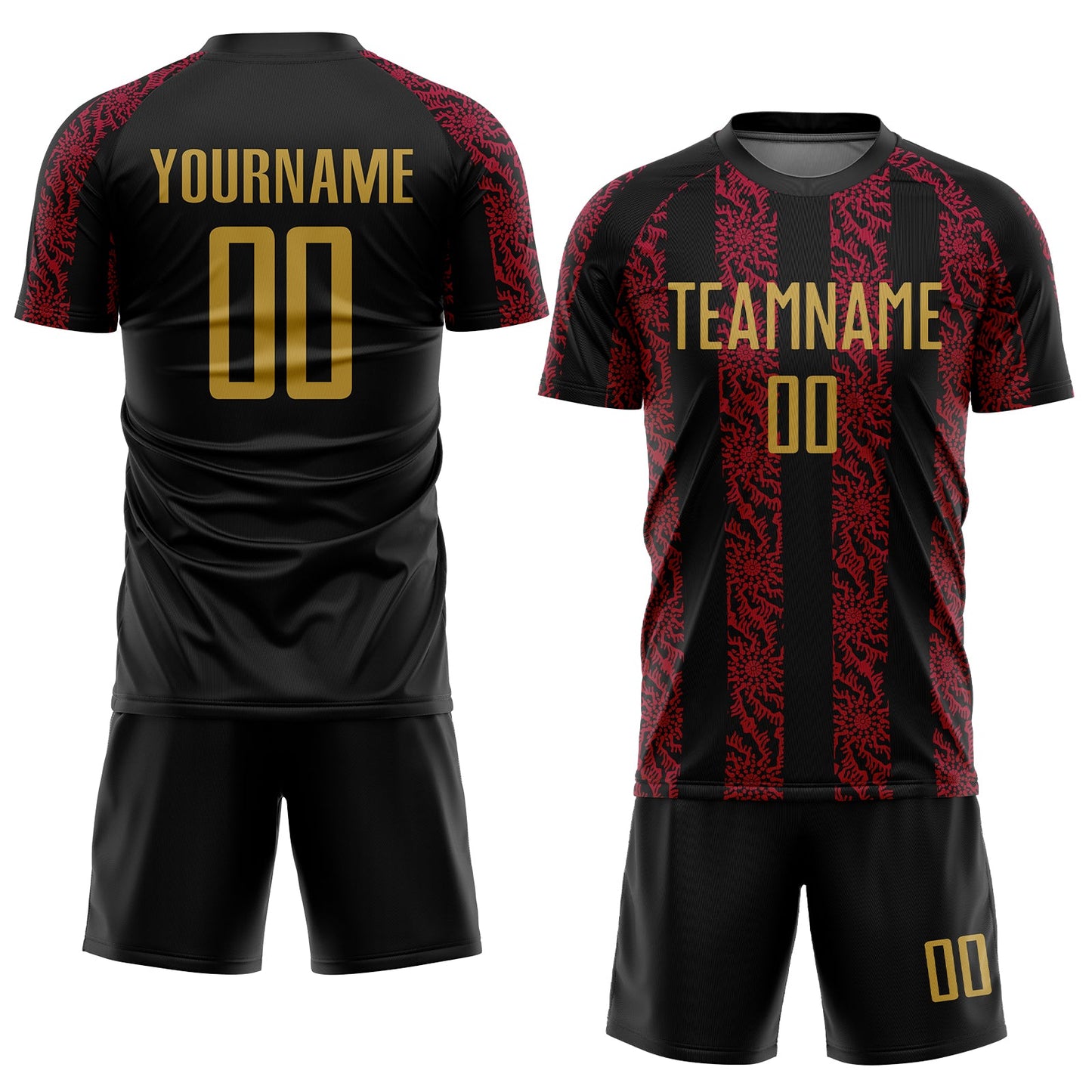 Custom Black Old Gold-Red Abstract Shape Sublimation Soccer Uniform Jersey Limited