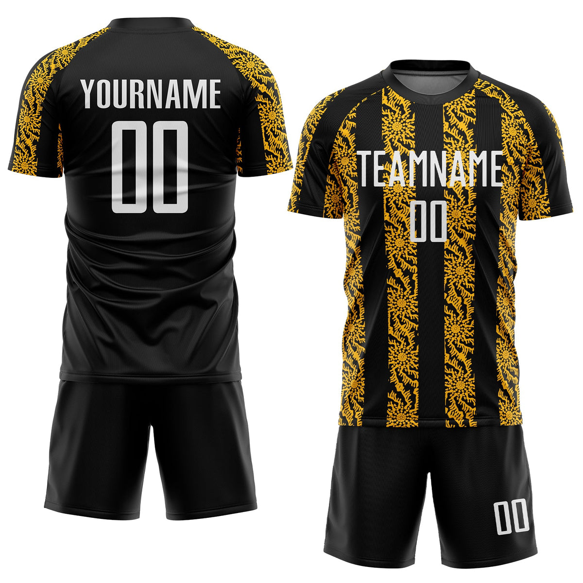 Custom Black White-Gold Abstract Shape Sublimation Soccer Uniform Jersey Limited