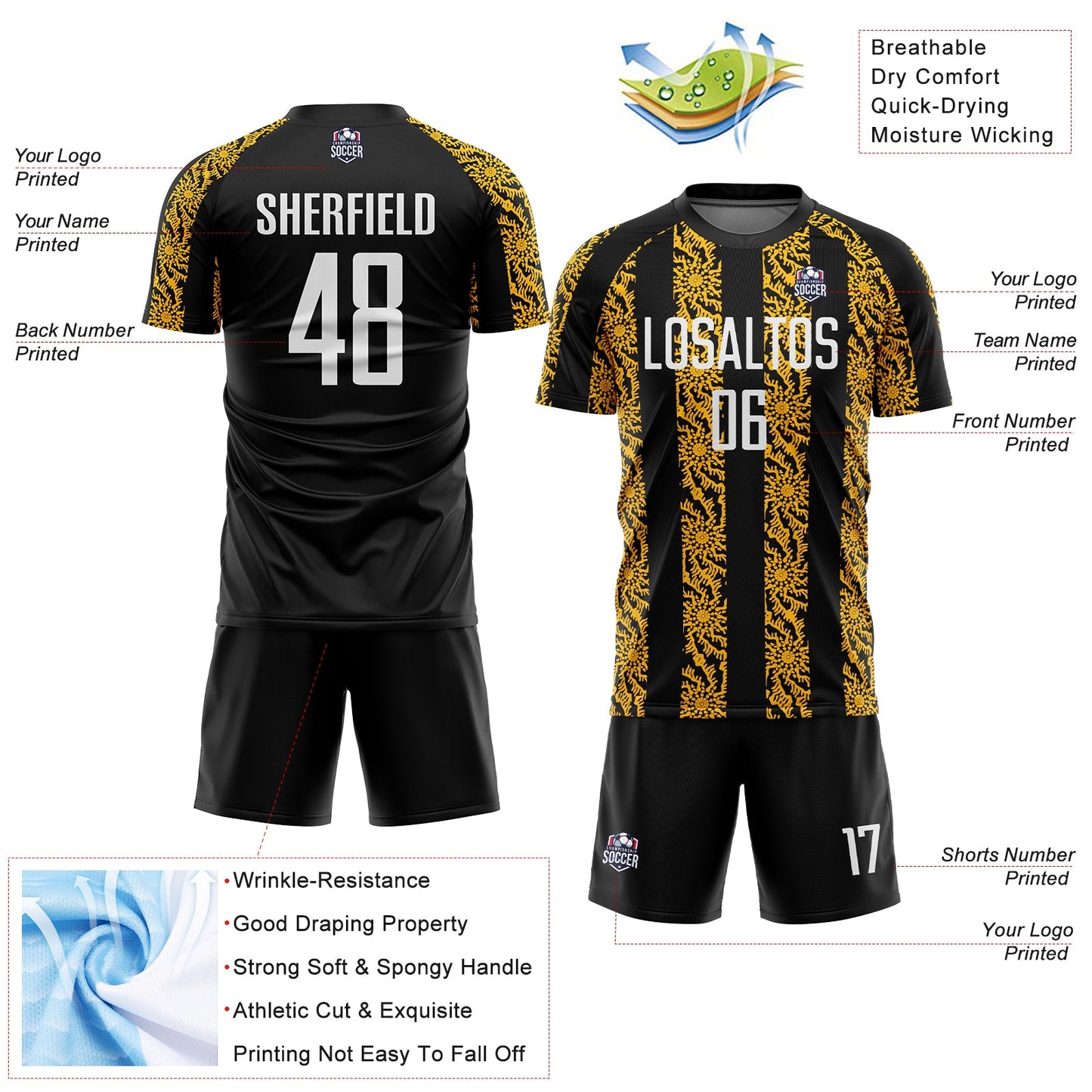 Custom Black White-Gold Abstract Shape Sublimation Soccer Uniform Jersey Limited