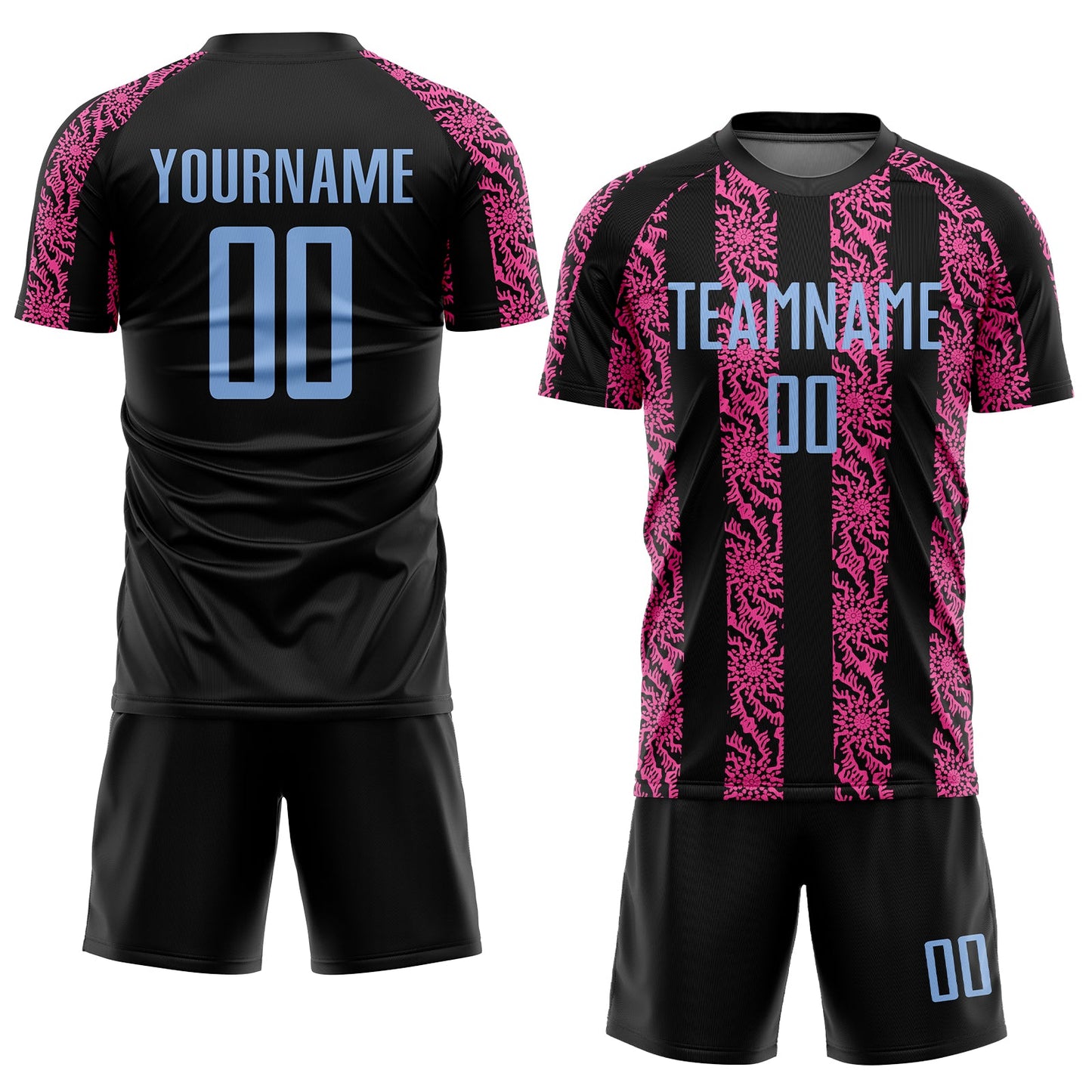 Custom Black Light Blue-Pink Abstract Shape Sublimation Soccer Uniform Jersey Limited