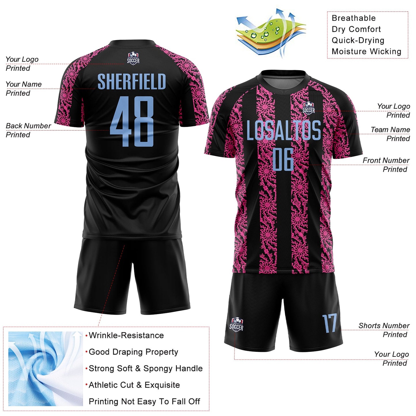 Custom Black Light Blue-Pink Abstract Shape Sublimation Soccer Uniform Jersey Limited