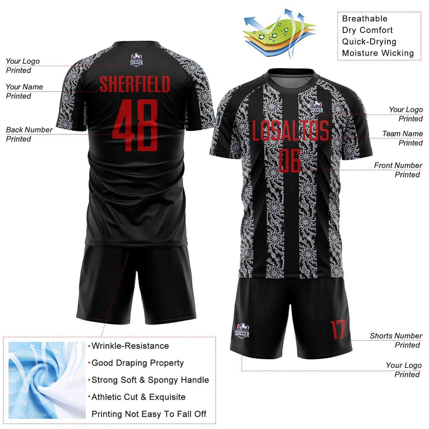 Custom Black Red-Gray Abstract Shape Sublimation Soccer Uniform Jersey Limited