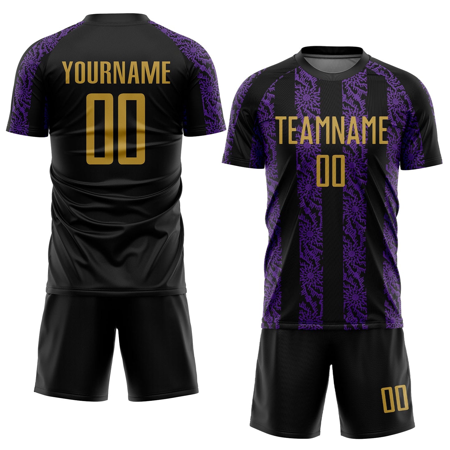 Custom Black Old Gold-Purple Abstract Shape Sublimation Soccer Uniform Jersey Limited