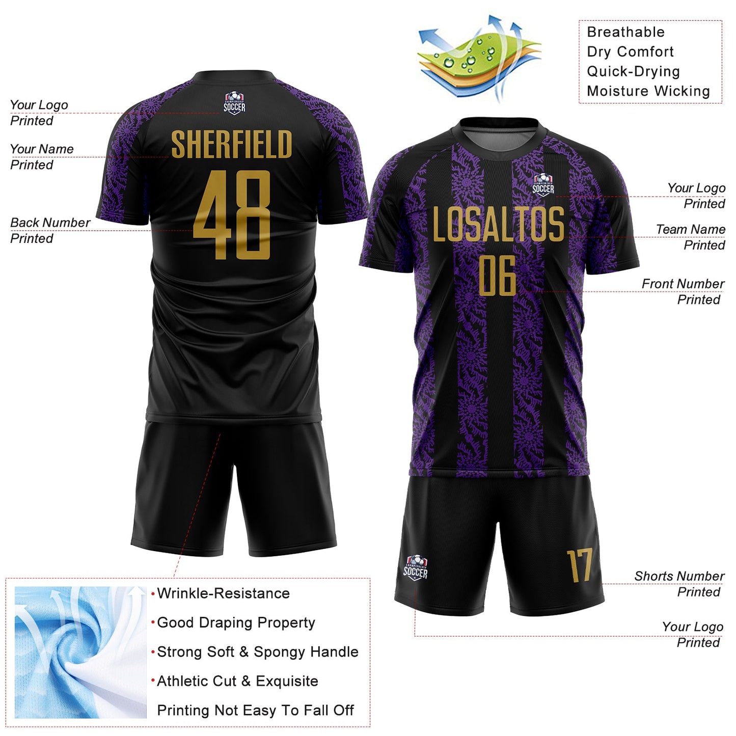 Custom Black Old Gold-Purple Abstract Shape Sublimation Soccer Uniform Jersey Limited