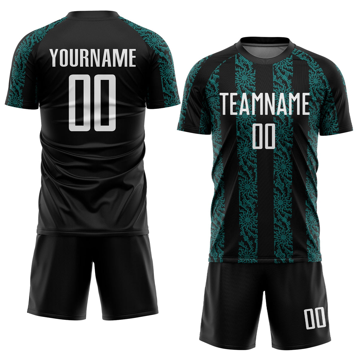 Custom Black White-Teal Abstract Shape Sublimation Soccer Uniform Jersey Limited
