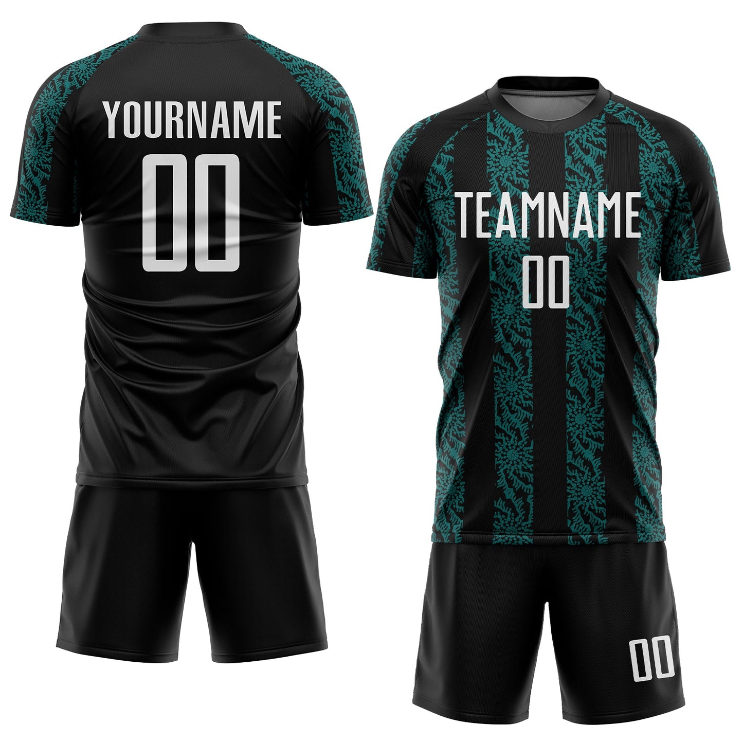 Custom Black White-Teal Abstract Shape Sublimation Soccer Uniform Jersey Limited