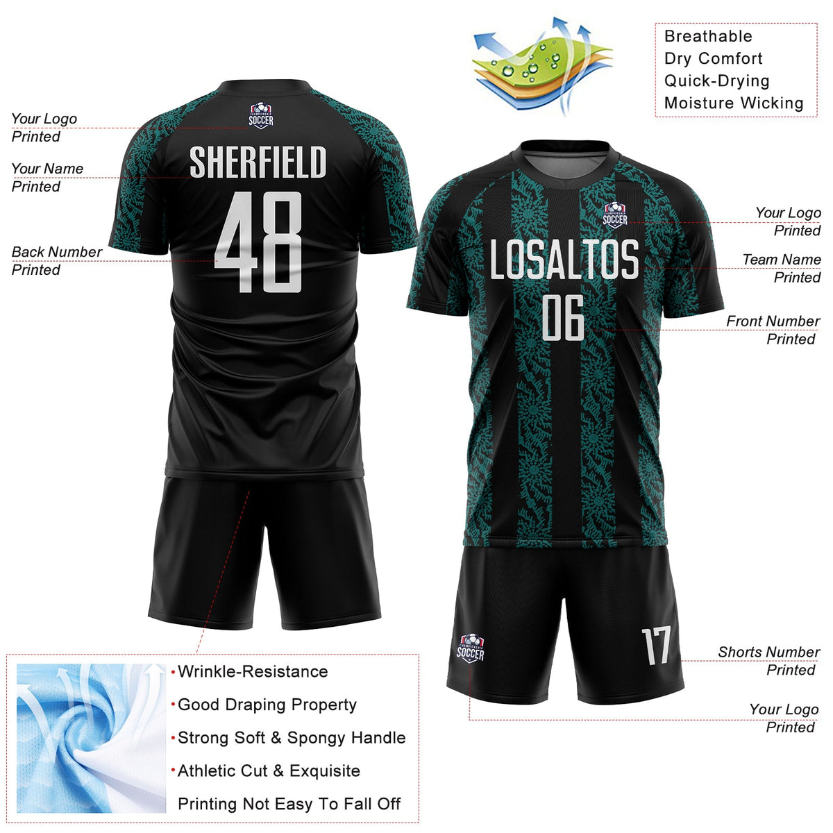 Custom Black White-Teal Abstract Shape Sublimation Soccer Uniform Jersey Limited