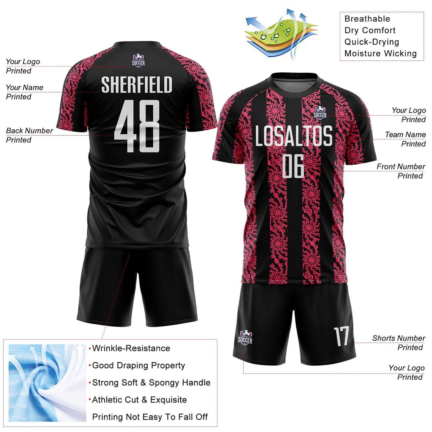 Custom Black White-Neon Pink Abstract Shape Sublimation Soccer Uniform Jersey Limited