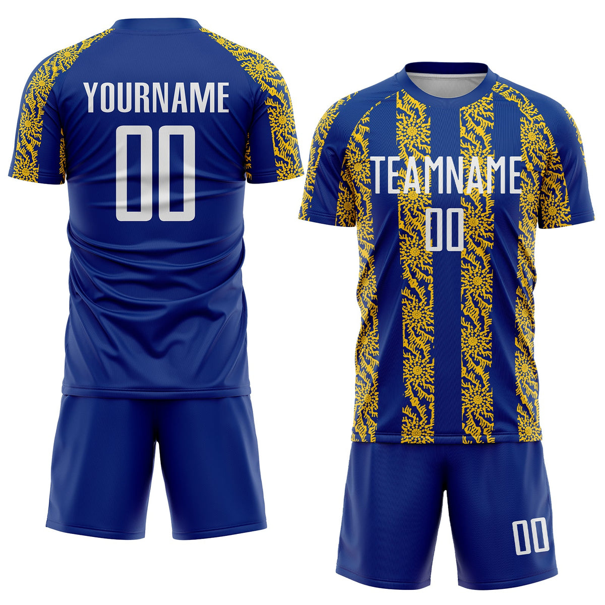Custom Royal White-Yellow Abstract Shape Sublimation Soccer Uniform Jersey Limited