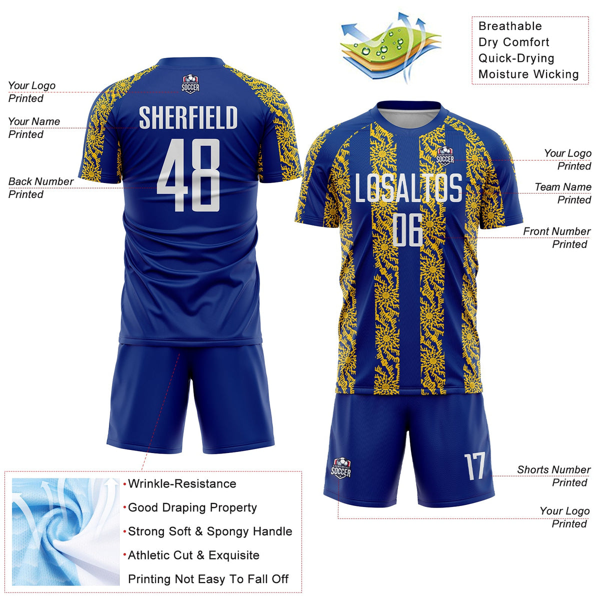Custom Royal White-Yellow Abstract Shape Sublimation Soccer Uniform Jersey Limited