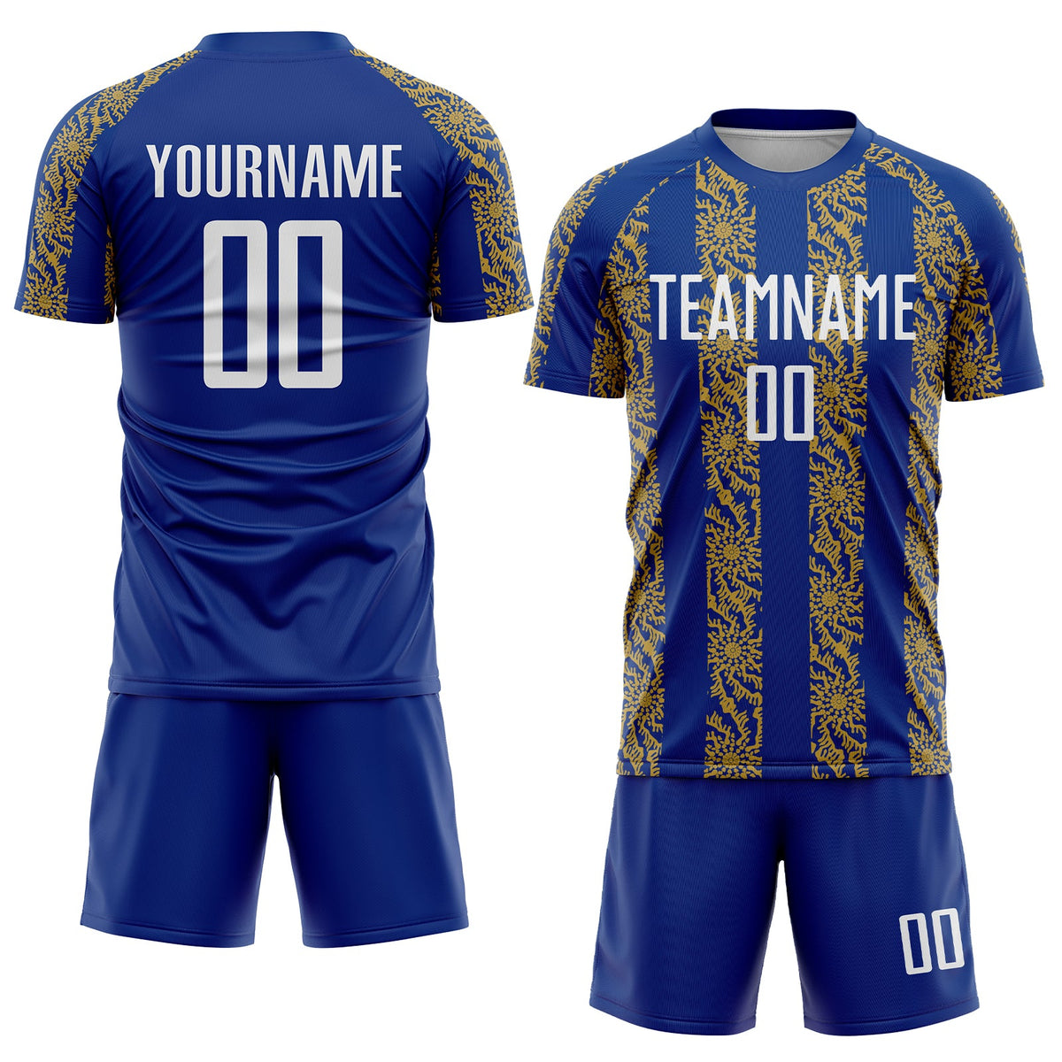 Custom Royal White-Old Gold Abstract Shape Sublimation Soccer Uniform Jersey Limited