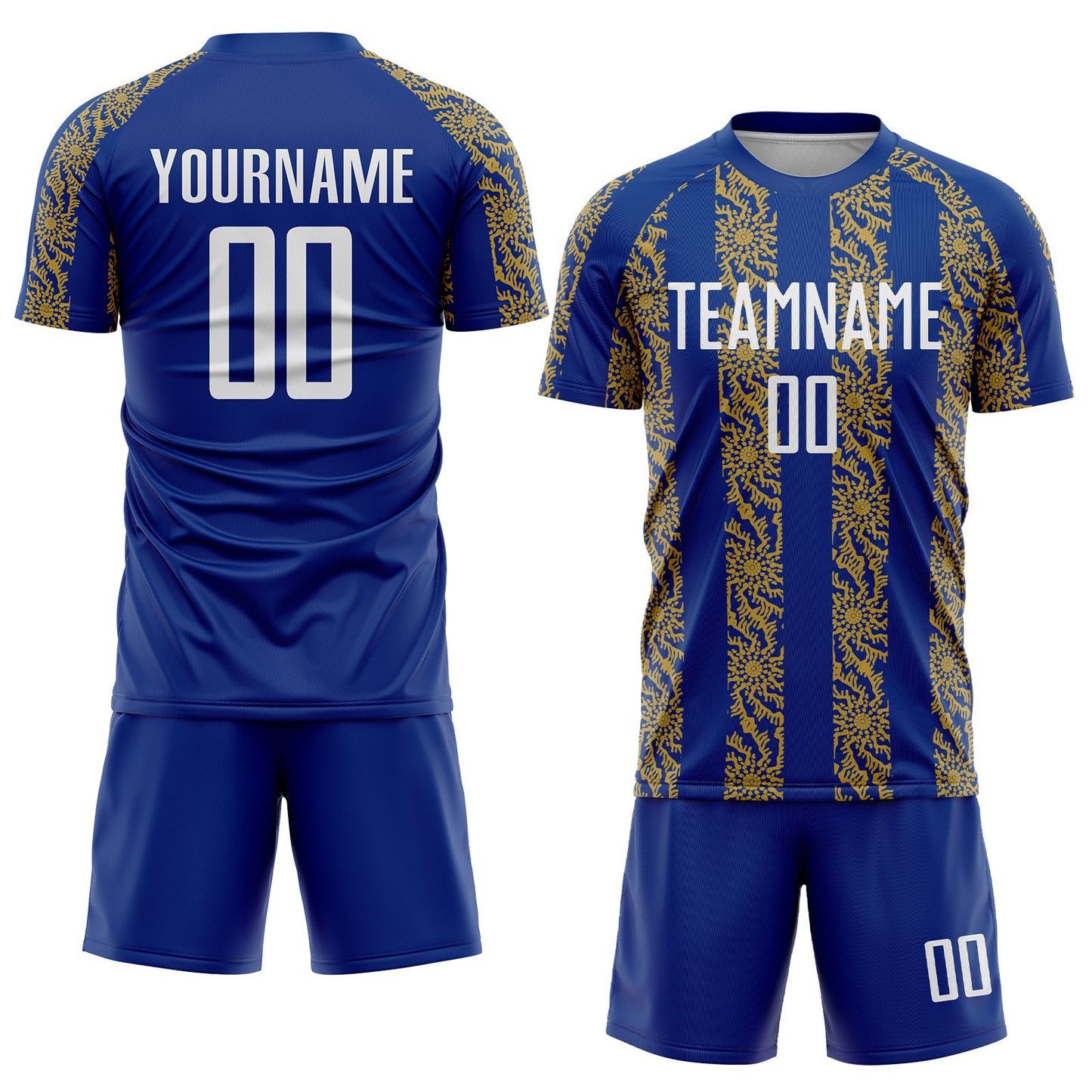 Custom Royal White-Old Gold Abstract Shape Sublimation Soccer Uniform Jersey Limited