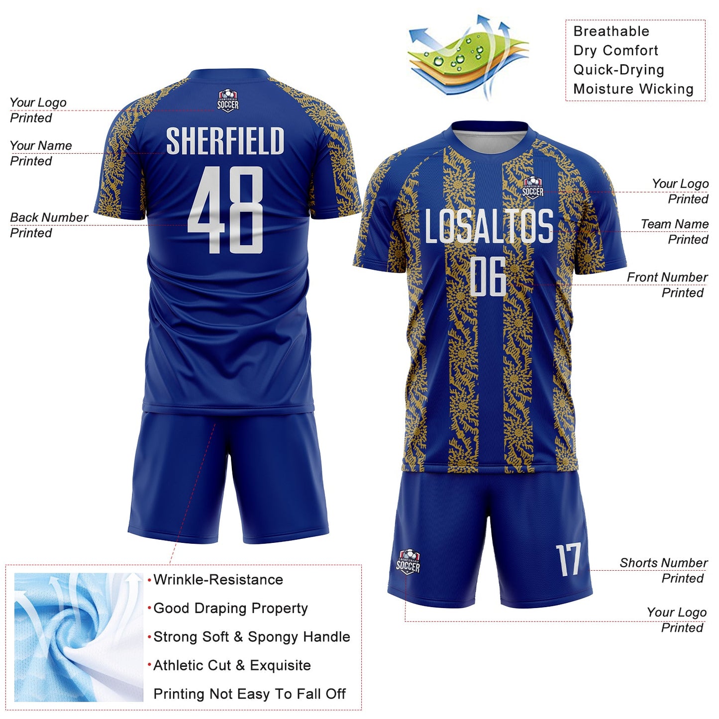 Custom Royal White-Old Gold Abstract Shape Sublimation Soccer Uniform Jersey Limited