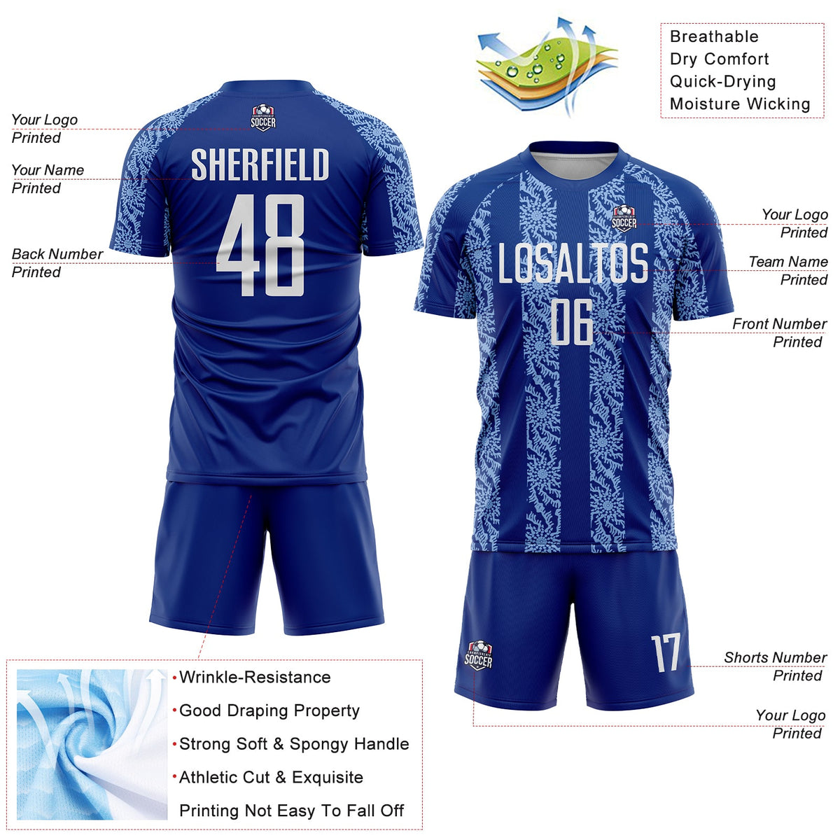 Custom Royal White-Light Blue Abstract Shape Sublimation Soccer Uniform Jersey Limited