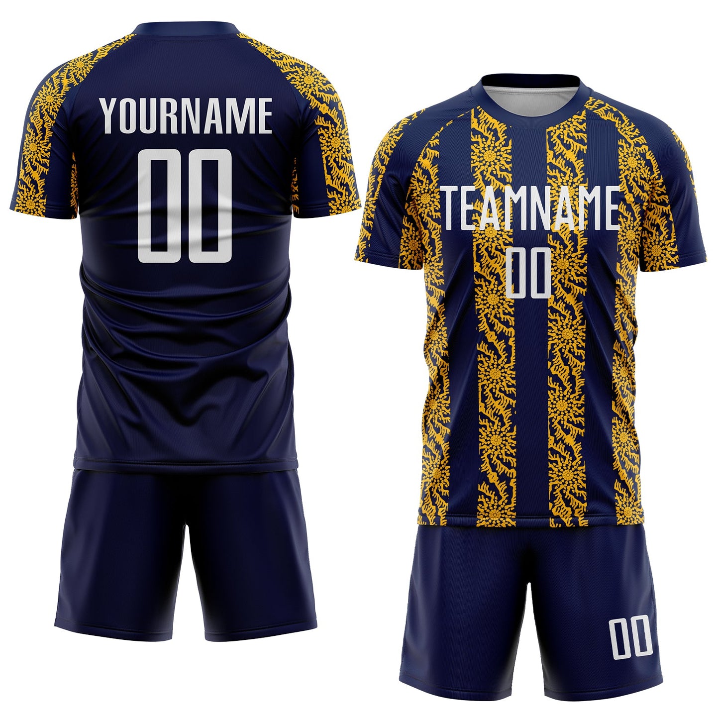 Custom Navy White-Gold Abstract Shape Sublimation Soccer Uniform Jersey Limited