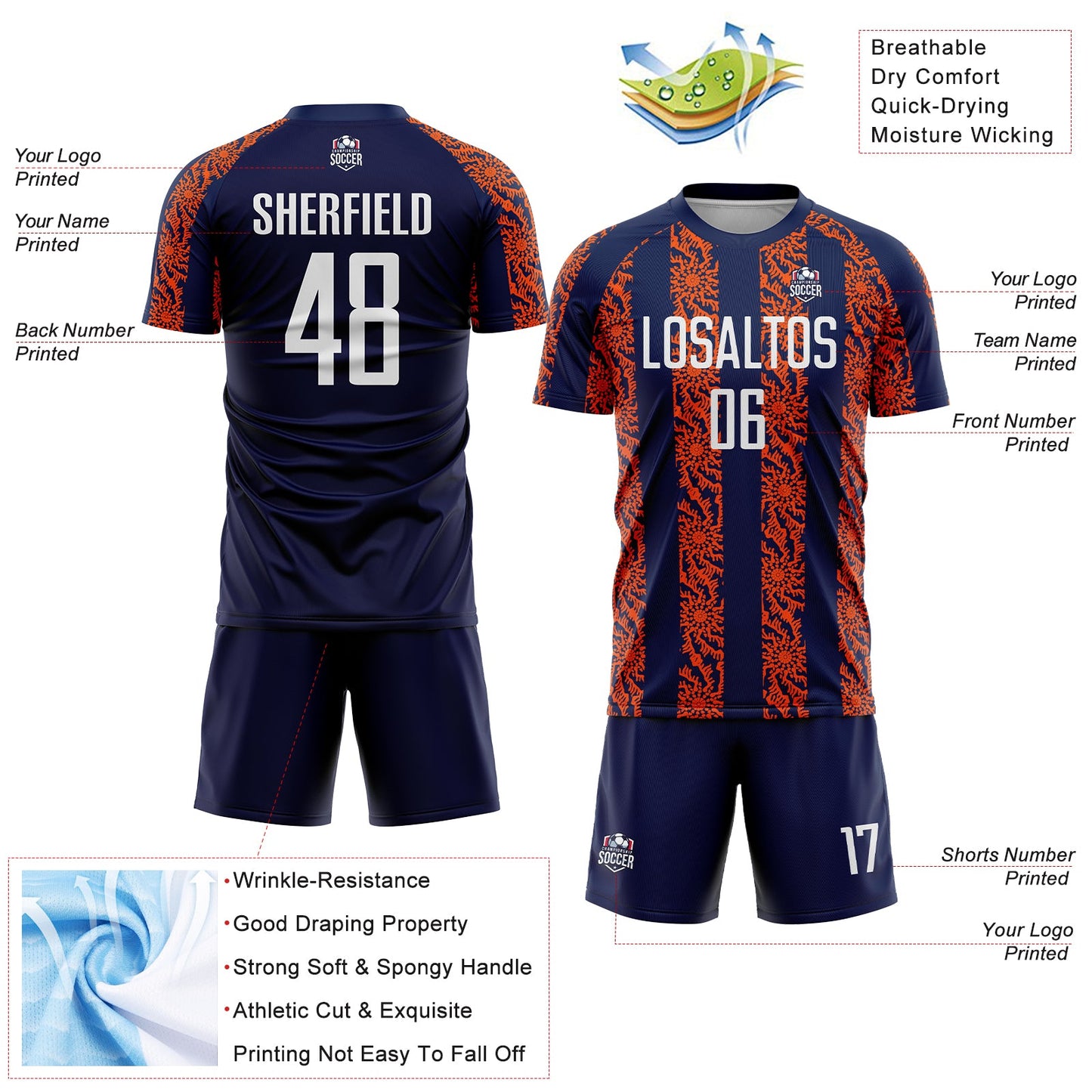 Custom Navy White-Orange Abstract Shape Sublimation Soccer Uniform Jersey Limited