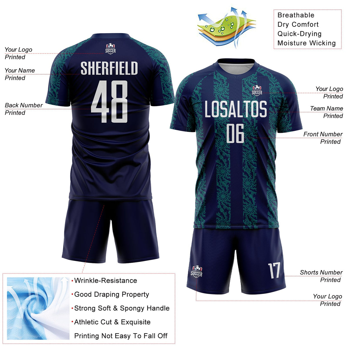 Custom Navy White-Teal Abstract Shape Sublimation Soccer Uniform Jersey Limited