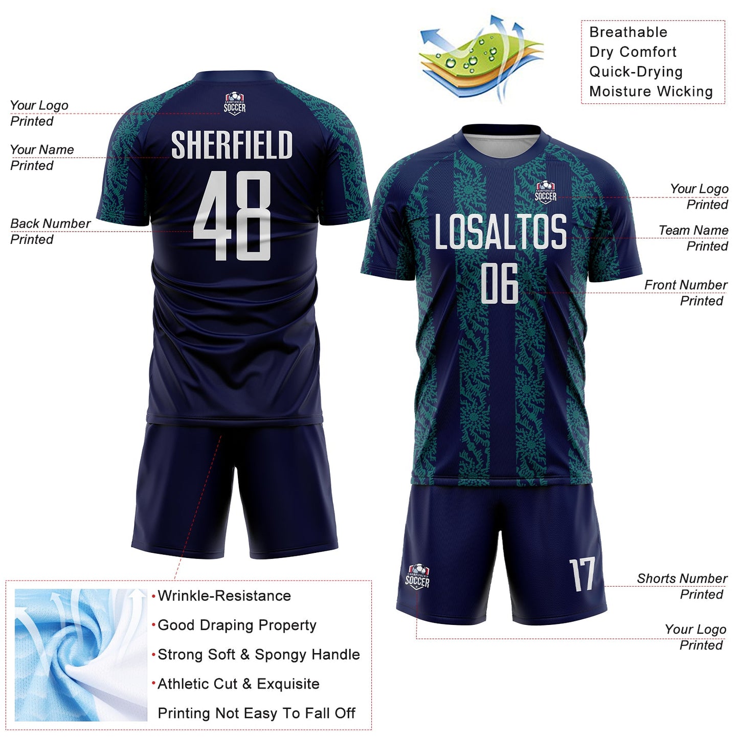 Custom Navy White-Teal Abstract Shape Sublimation Soccer Uniform Jersey Limited
