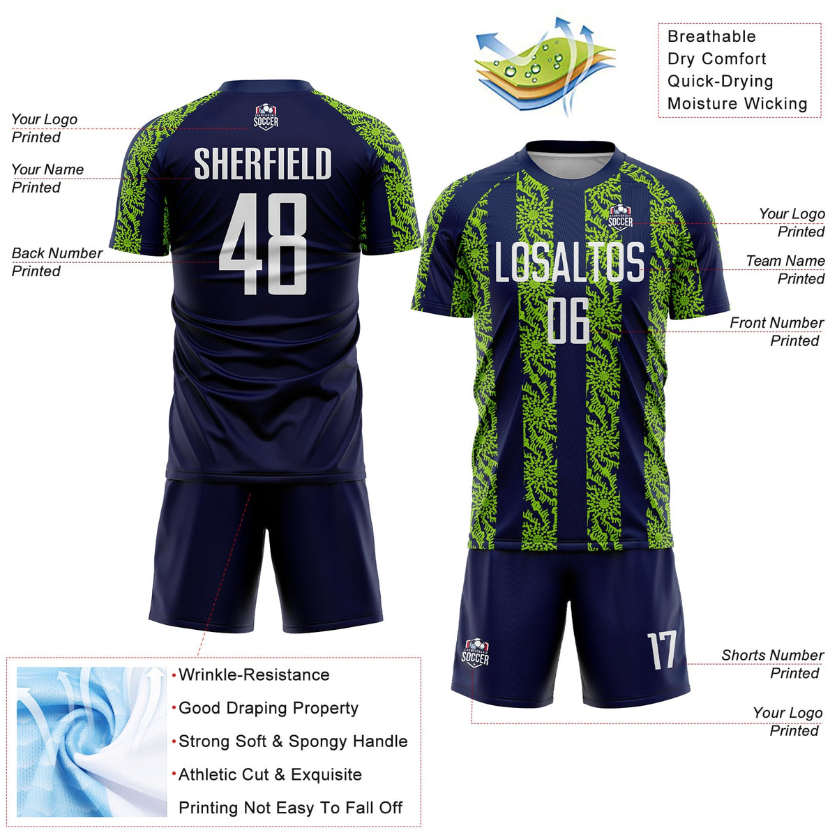 Custom Navy White-Neon Green Abstract Shape Sublimation Soccer Uniform Jersey Limited