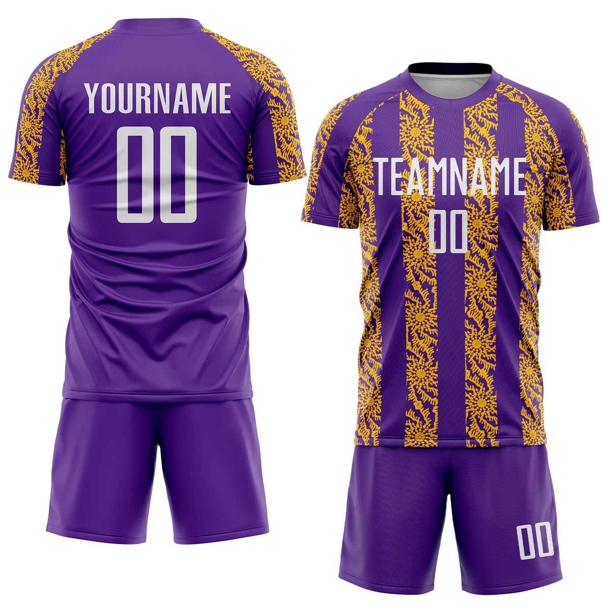 Custom Purple White-Gold Abstract Shape Sublimation Soccer Uniform Jersey Limited