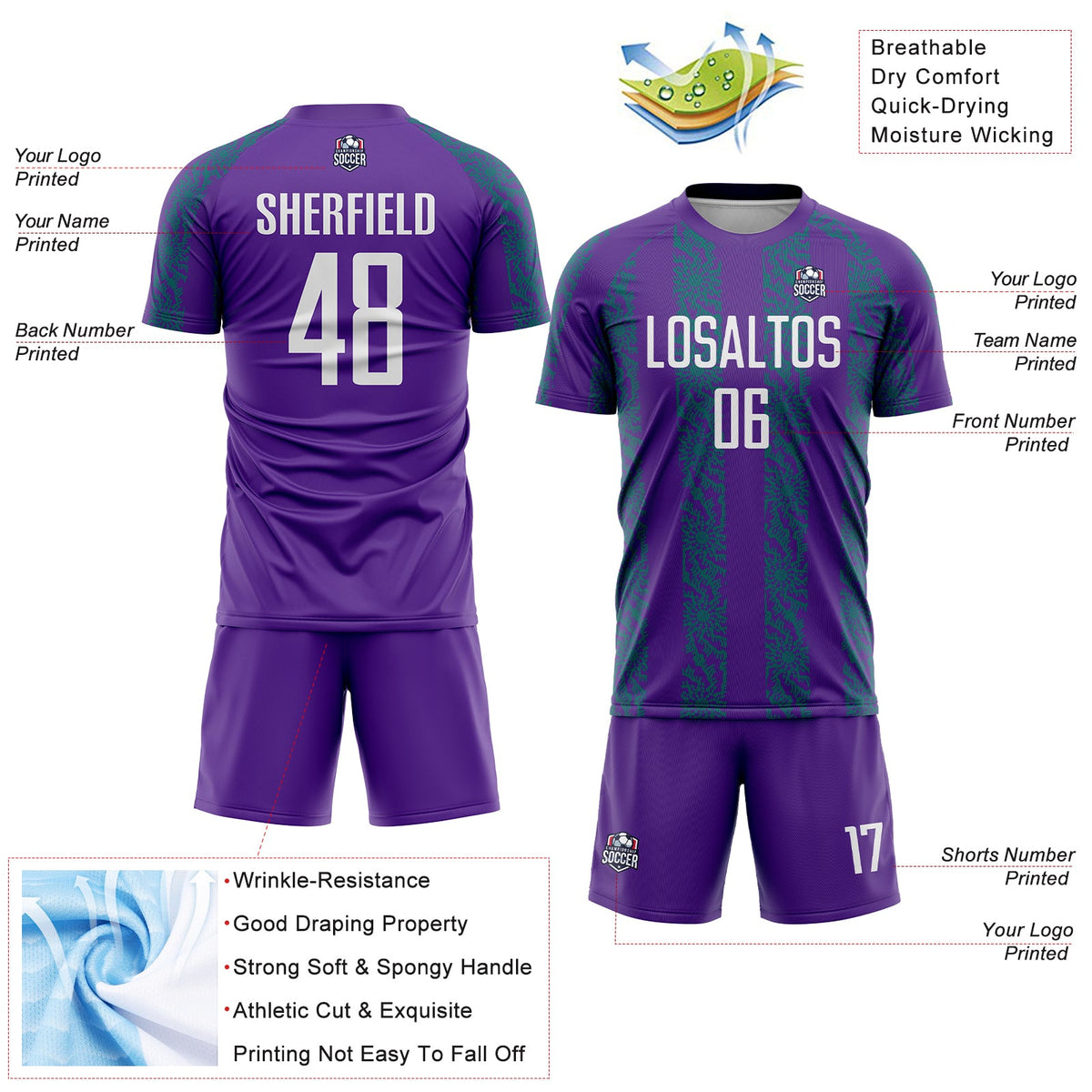 Custom Purple White-Teal Abstract Shape Sublimation Soccer Uniform Jersey Limited