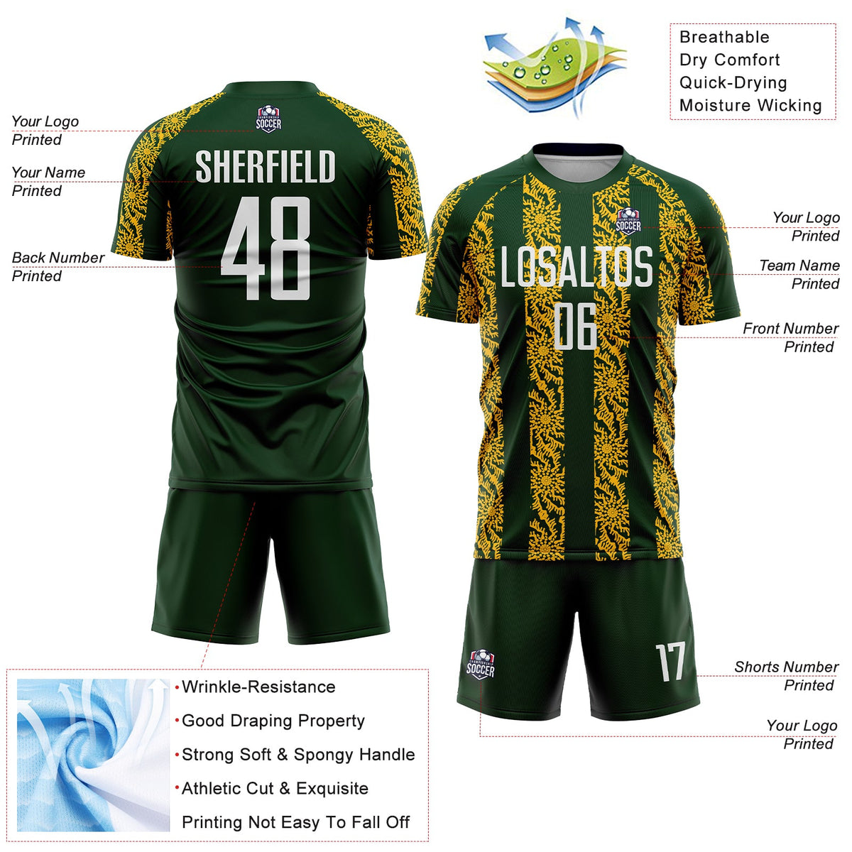 Custom Green White-Gold Abstract Shape Sublimation Soccer Uniform Jersey Limited