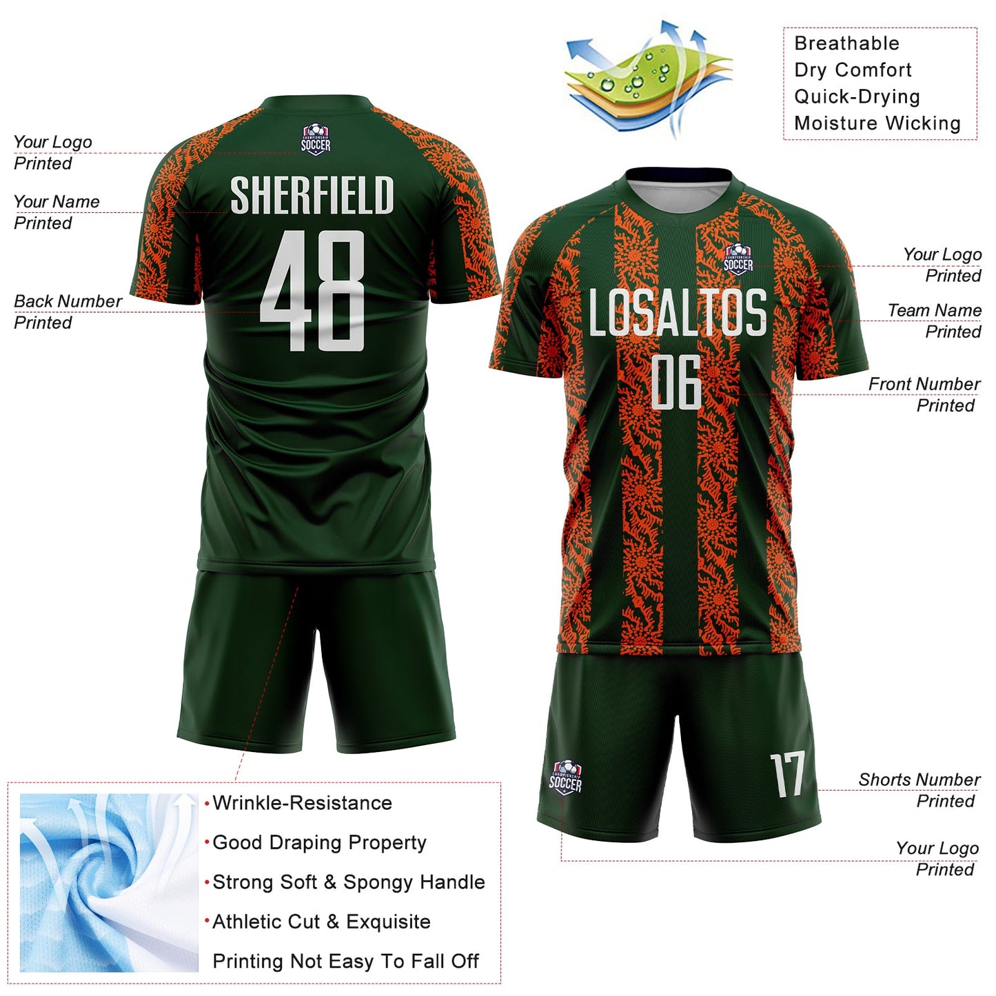 Custom Green White-Orange Abstract Shape Sublimation Soccer Uniform Jersey Limited