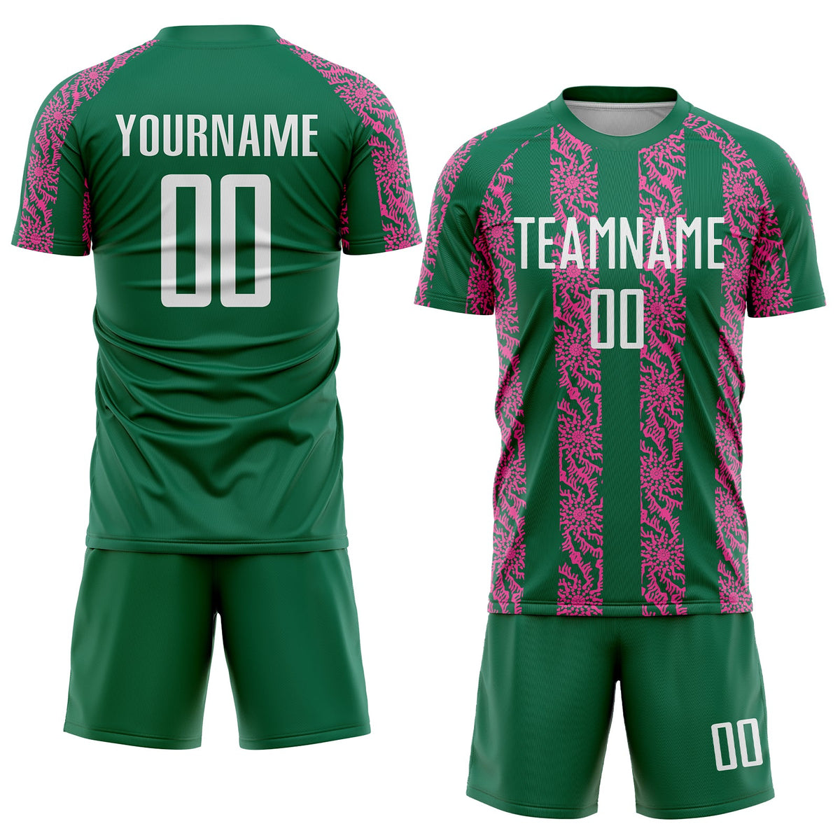 Custom Kelly Green White-Pink Abstract Shape Sublimation Soccer Uniform Jersey Limited