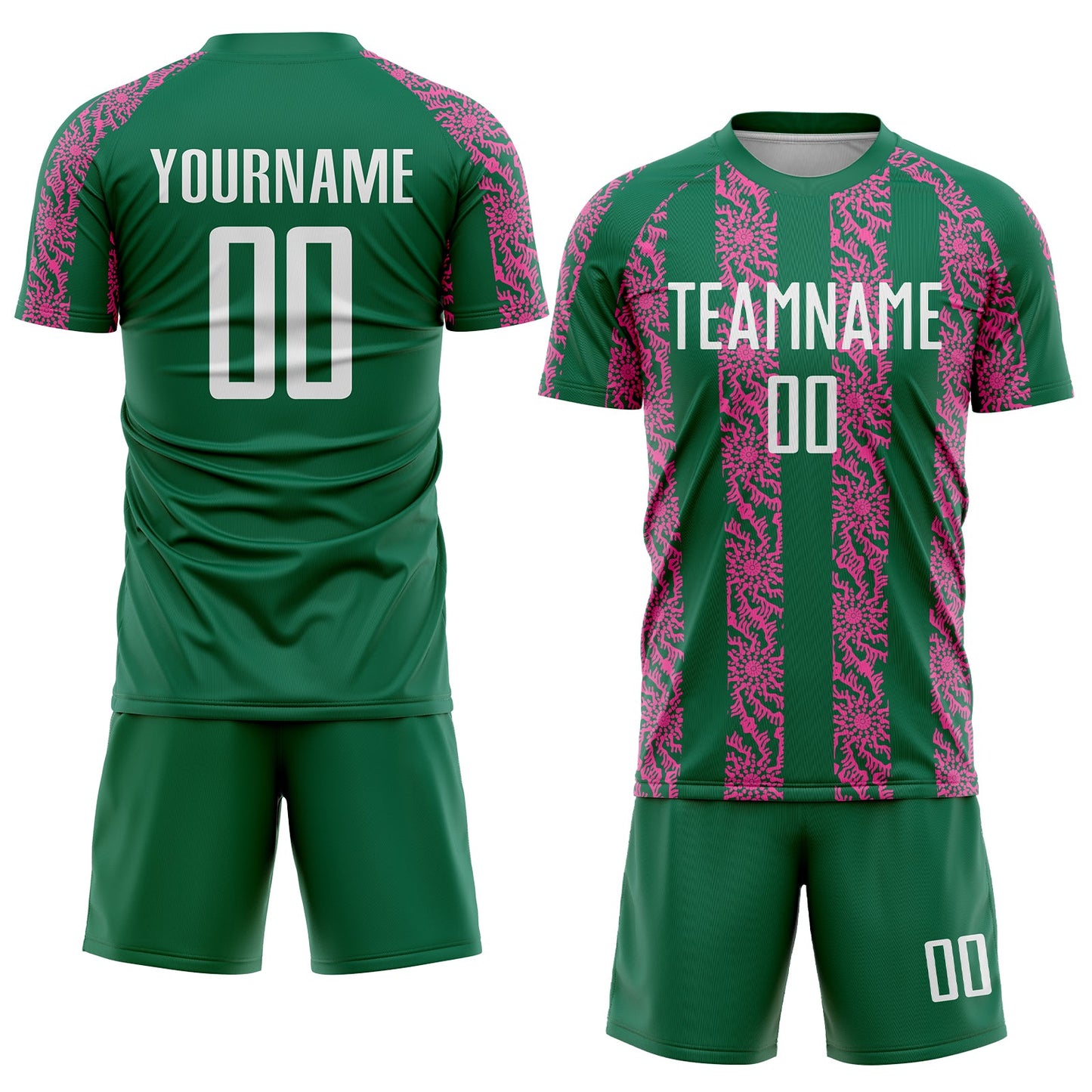 Custom Kelly Green White-Pink Abstract Shape Sublimation Soccer Uniform Jersey Limited