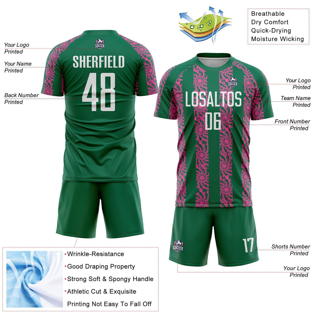 Custom Kelly Green White-Pink Abstract Shape Sublimation Soccer Uniform Jersey Limited