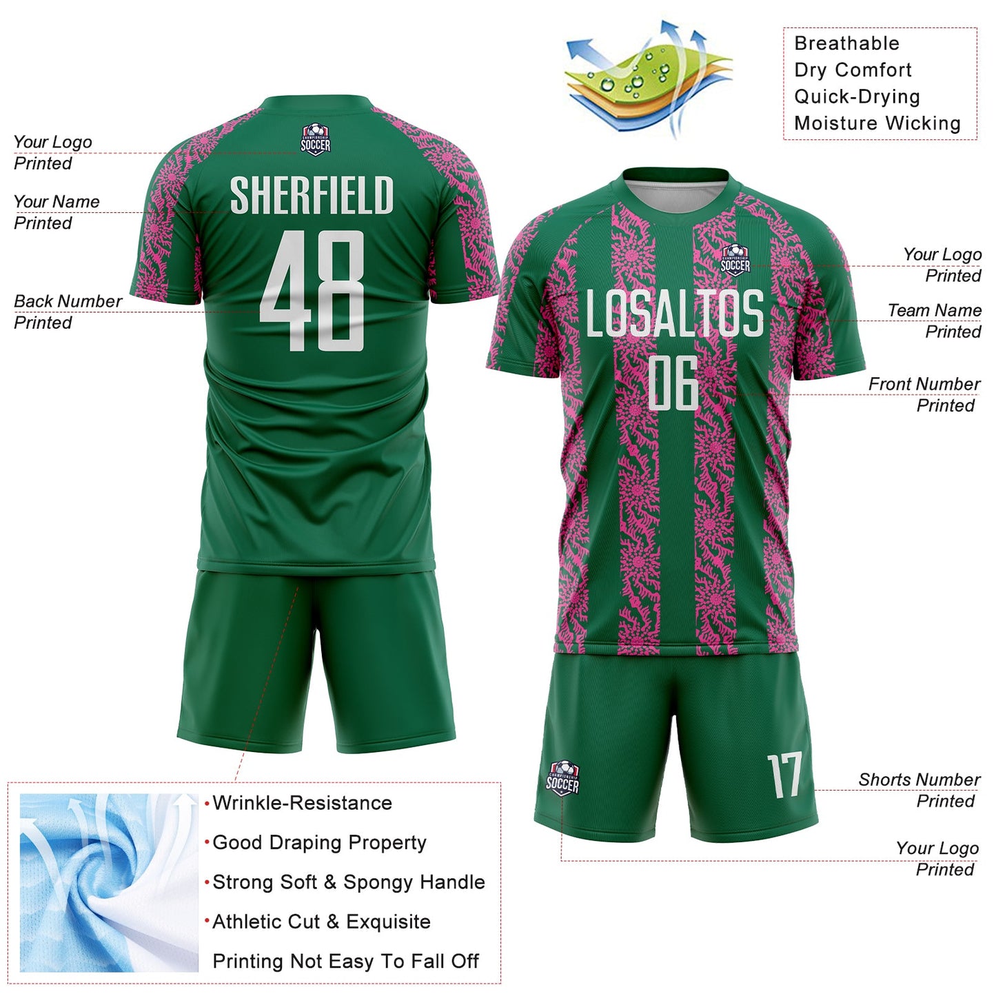 Custom Kelly Green White-Pink Abstract Shape Sublimation Soccer Uniform Jersey Limited