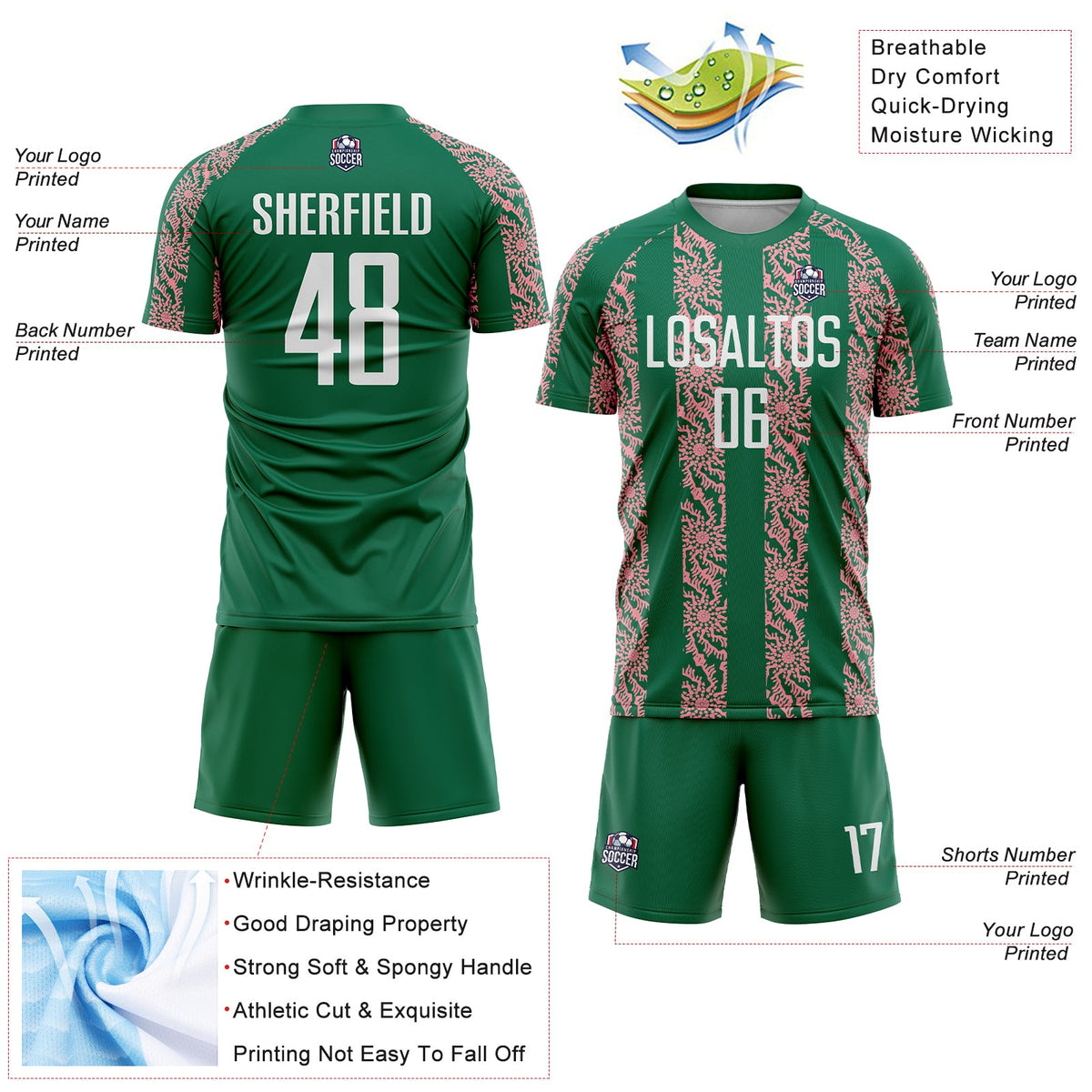 Custom Kelly Green White-Medium Pink Abstract Shape Sublimation Soccer Uniform Jersey Limited