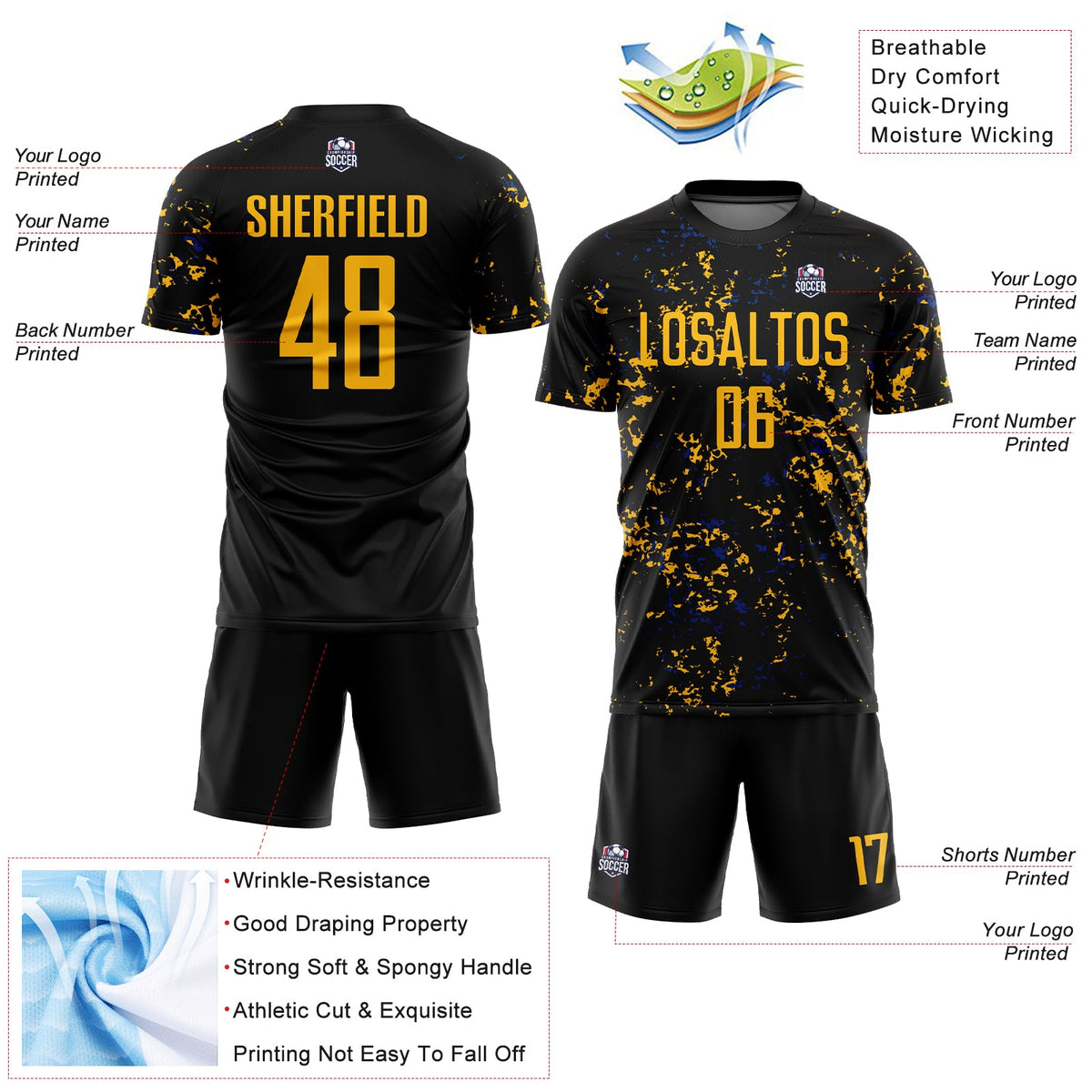 Custom Black Gold-Royal Abstract Fragment Art Sublimation Soccer Uniform Jersey Limited