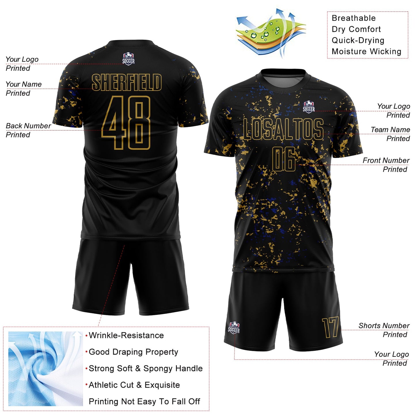Custom Black Old Gold-Royal Abstract Fragment Art Sublimation Soccer Uniform Jersey Limited