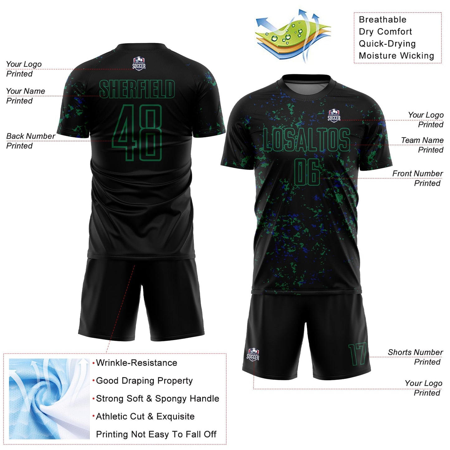 Custom Black Kelly Green-Royal Abstract Fragment Art Sublimation Soccer Uniform Jersey Limited