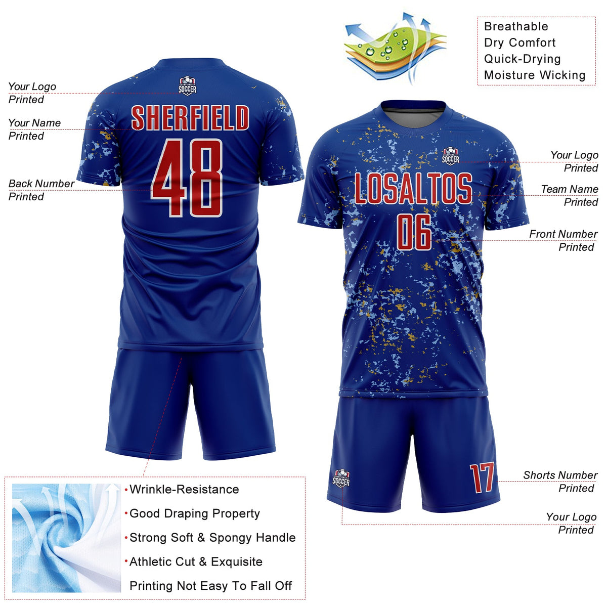 Custom Royal Red Old Gold-Light Blue Abstract Fragment Art Sublimation Soccer Uniform Jersey Limited