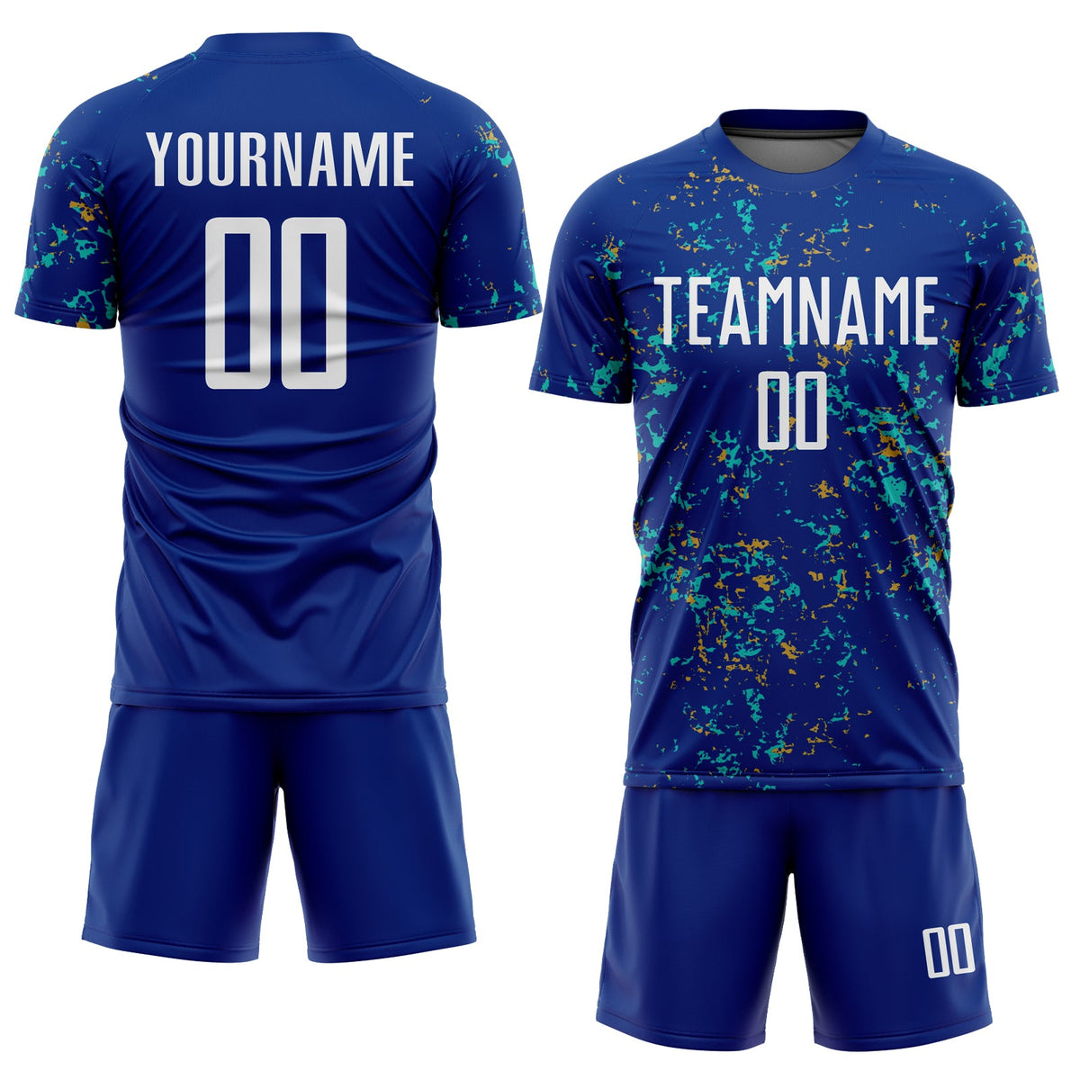 Custom Royal Old Gold-Aqua Abstract Fragment Art Sublimation Soccer Uniform Jersey Limited