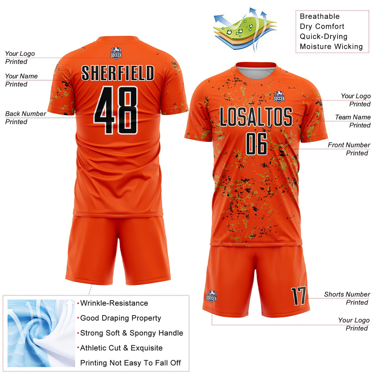 Custom Orange Black-Old Gold Abstract Fragment Art Sublimation Soccer Uniform Jersey Limited