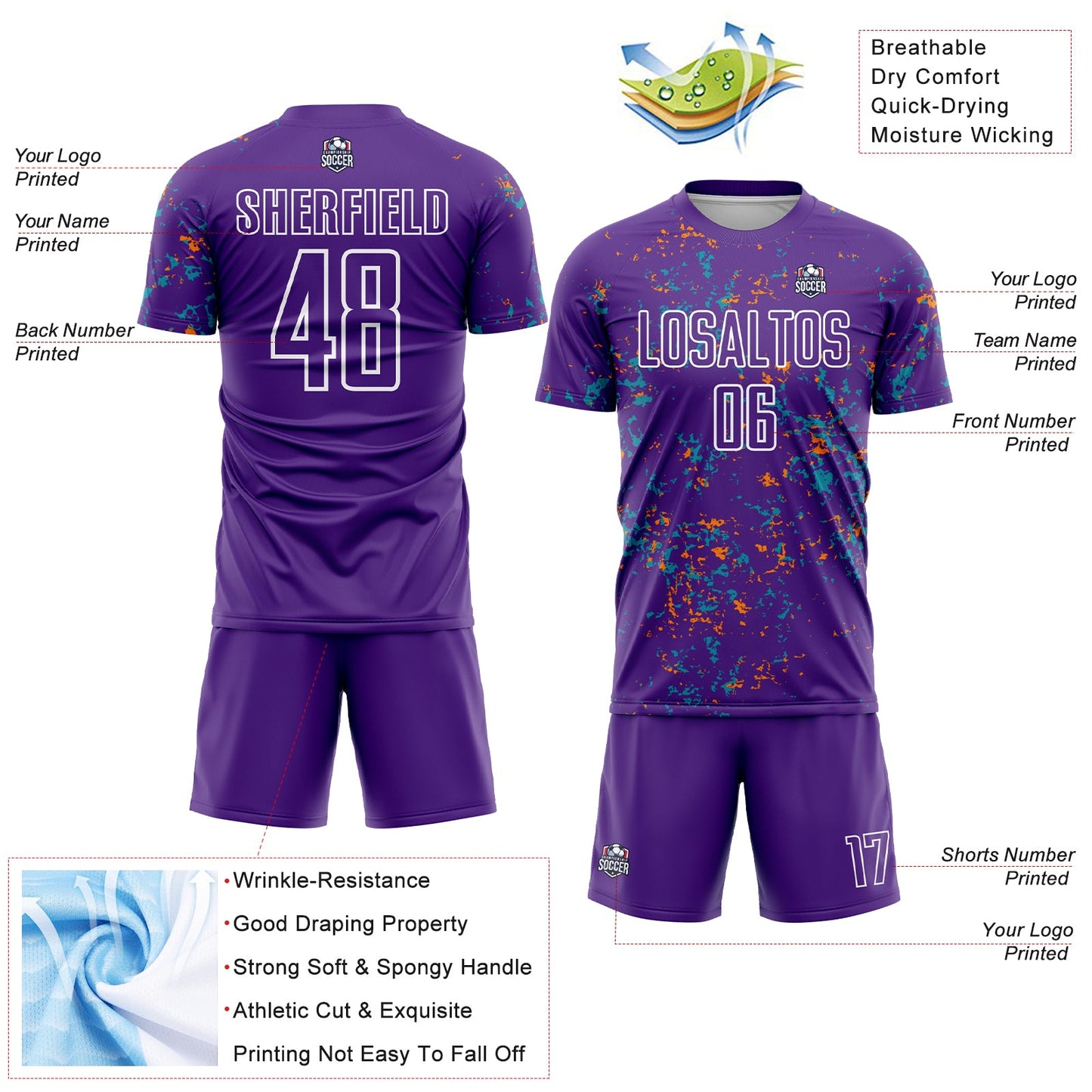Custom Purple Bay Orange-Teal Abstract Fragment Art Sublimation Soccer Uniform Jersey Limited