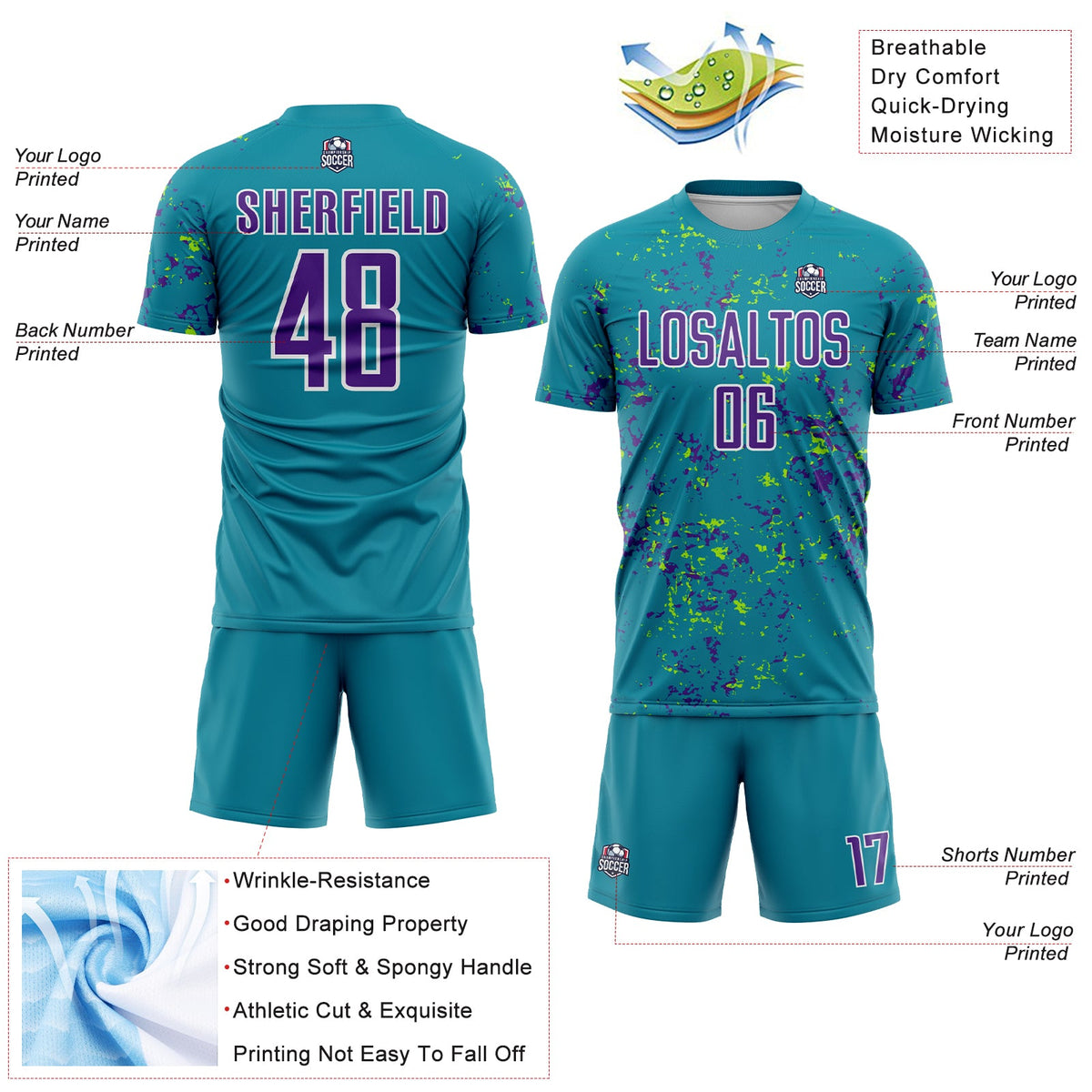 Custom Teal Purple-Neon Green Abstract Fragment Art Sublimation Soccer Uniform Jersey Limited