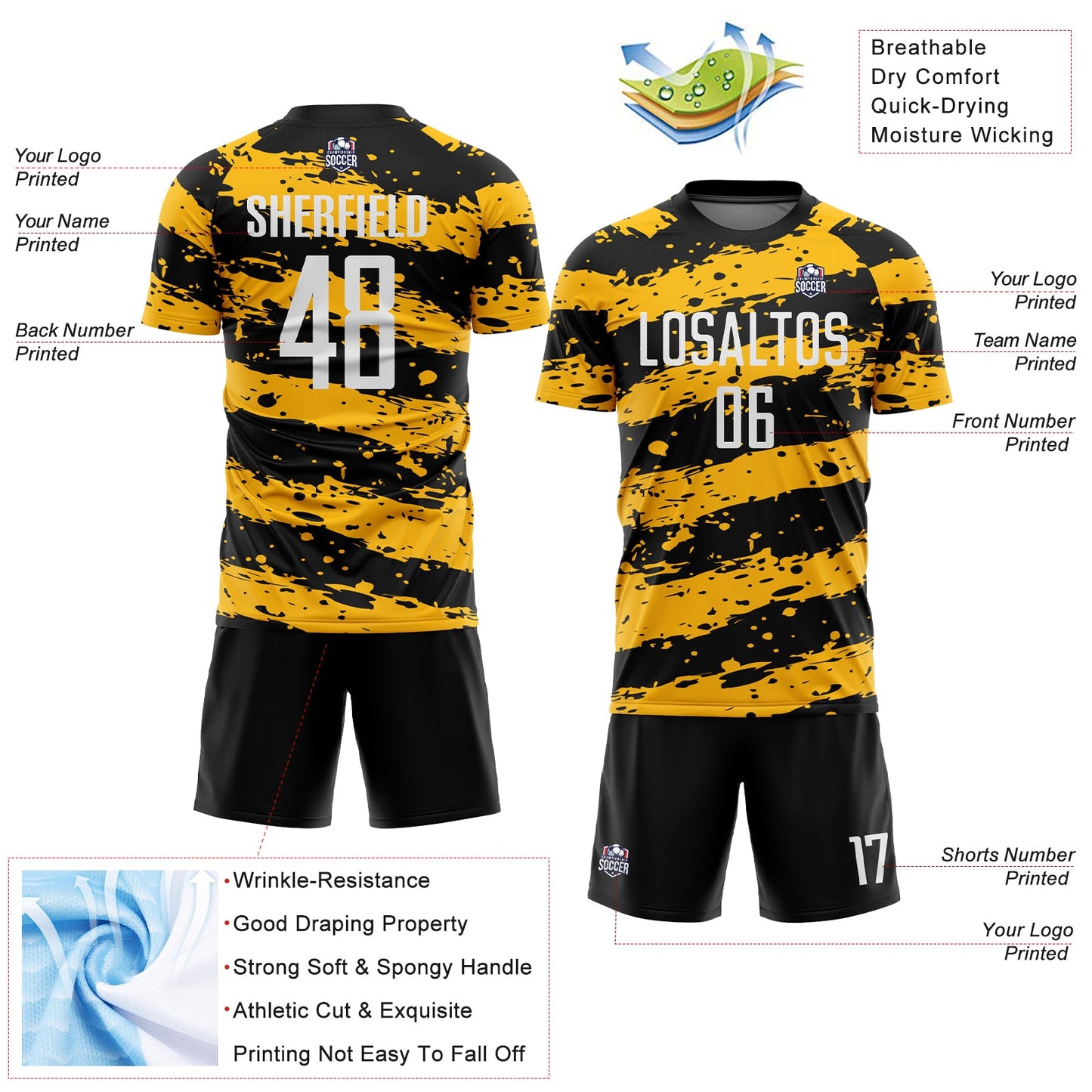 Custom Black White-Gold Splash Sublimation Soccer Uniform Jersey Limited