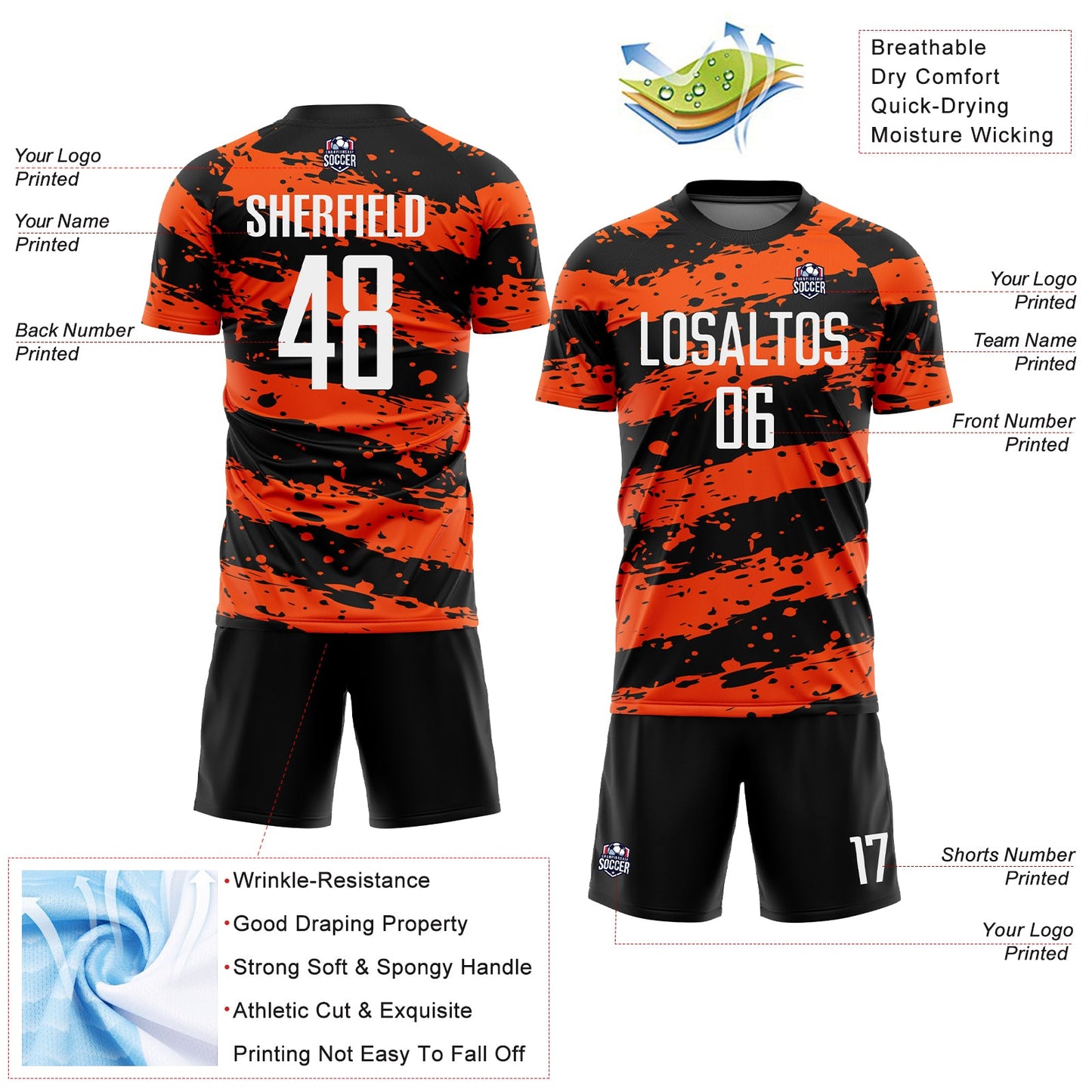 Custom Black White-Orange Splash Sublimation Soccer Uniform Jersey Limited