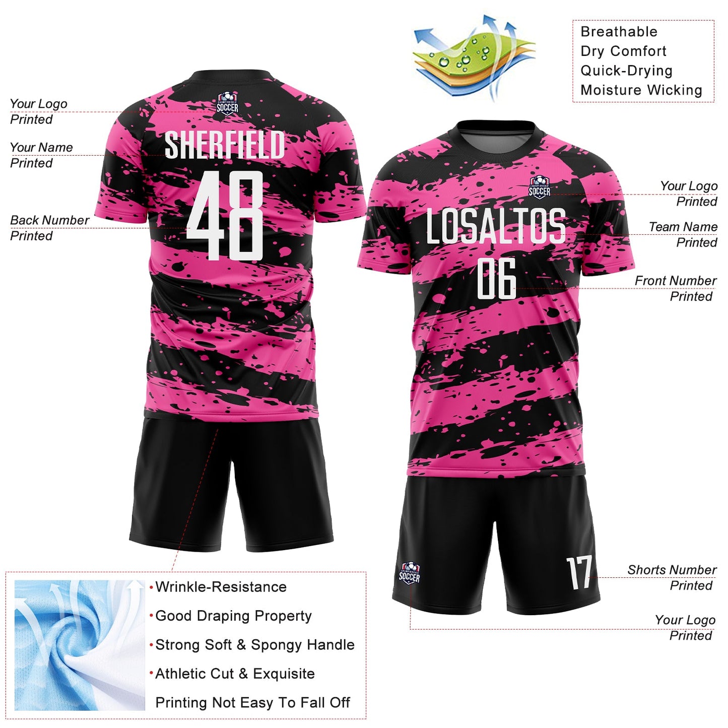 Custom Black White-Pink Splash Sublimation Soccer Uniform Jersey Limited