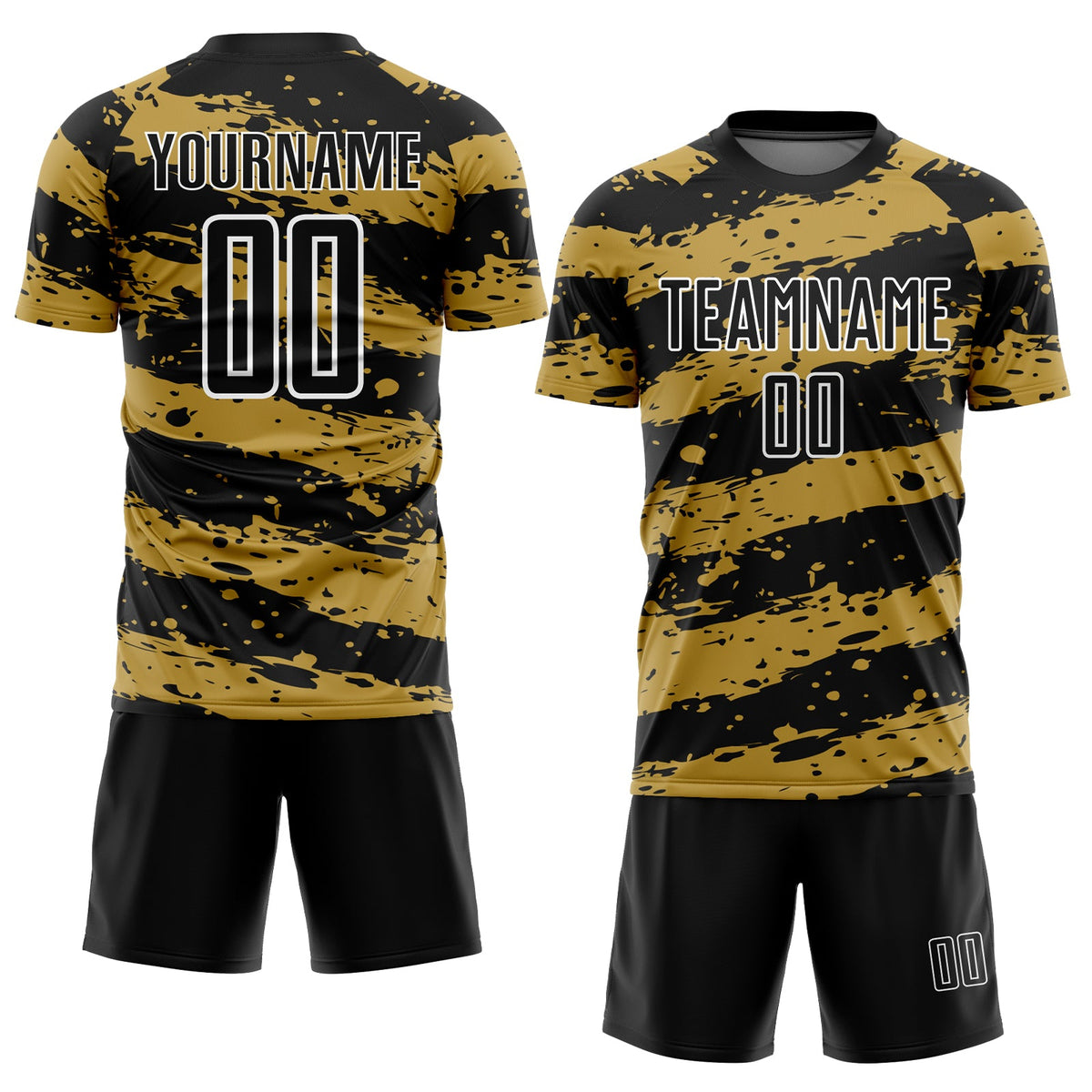 Custom Black Old Gold-White Splash Sublimation Soccer Uniform Jersey Limited