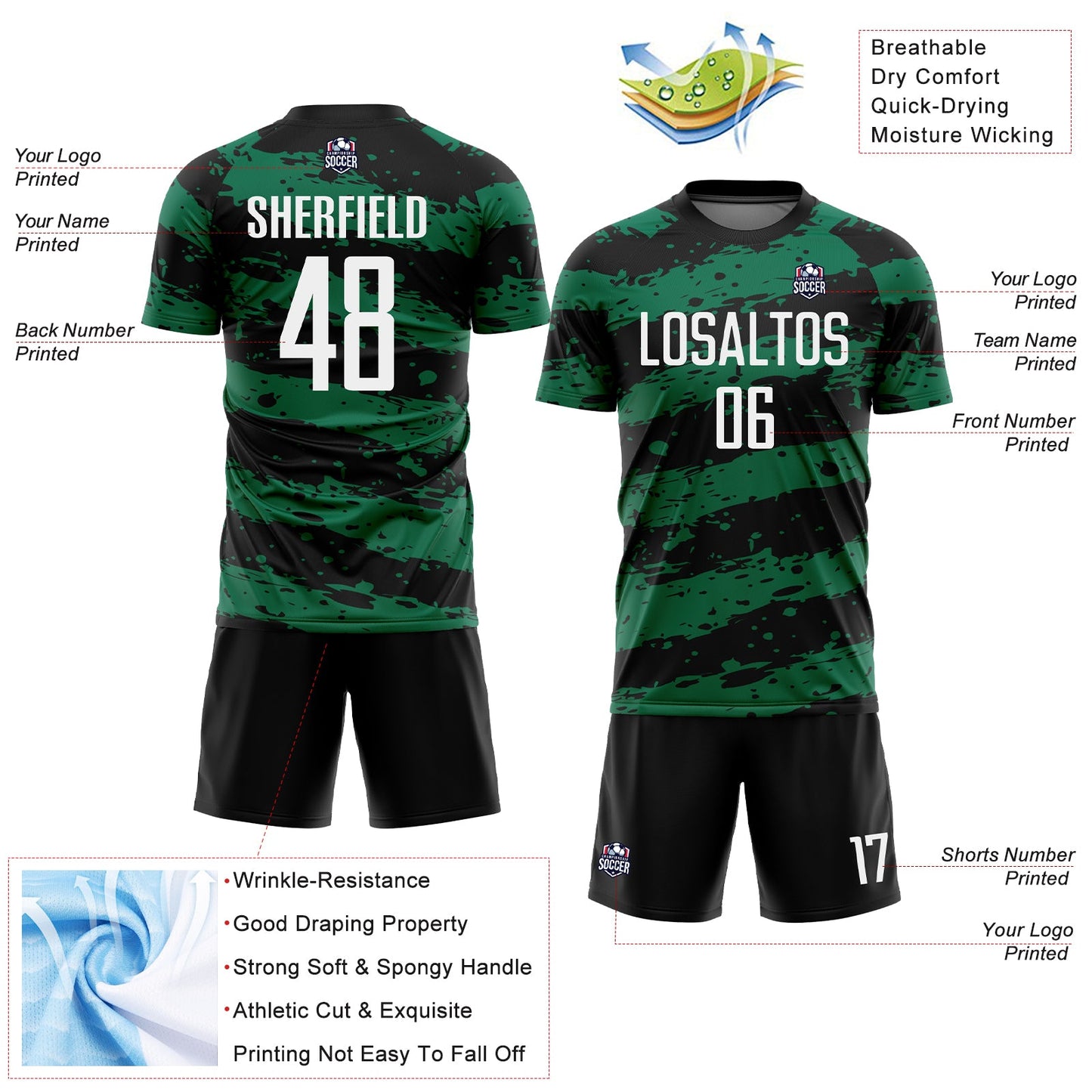 Custom Black White-Kelly Green Splash Sublimation Soccer Uniform Jersey Limited